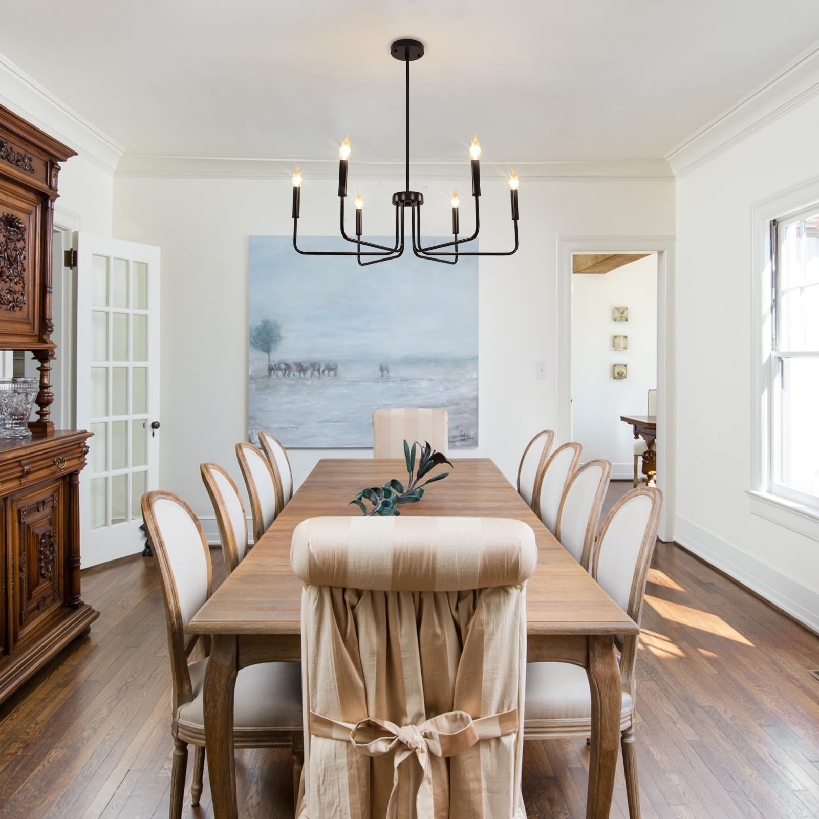 Rviezza 6 Light Black Chandelier Modern Farmhouse Chandelier For Dining Room Lighting Fixtures Hanging, Rustic Industrial Candle Chandeliers For Foyer Kitchen Living Room Bedroom