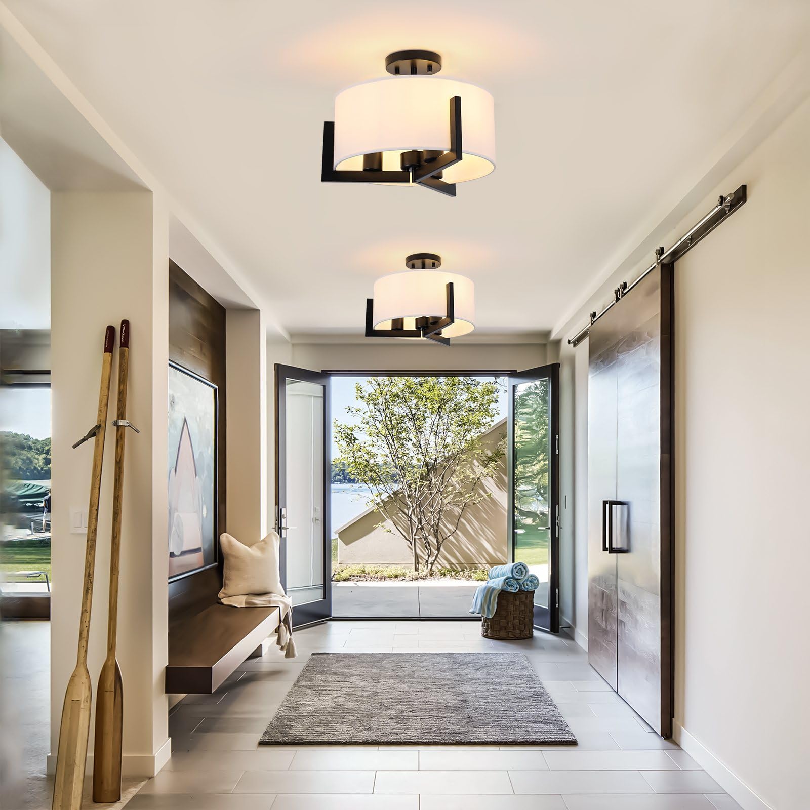 Mecuss 14 Inch Semi Flush Mount Ceiling Light, 3-Light Black Modern Light Fixtures Ceiling Mount With White Drum Fabric Shade Fo