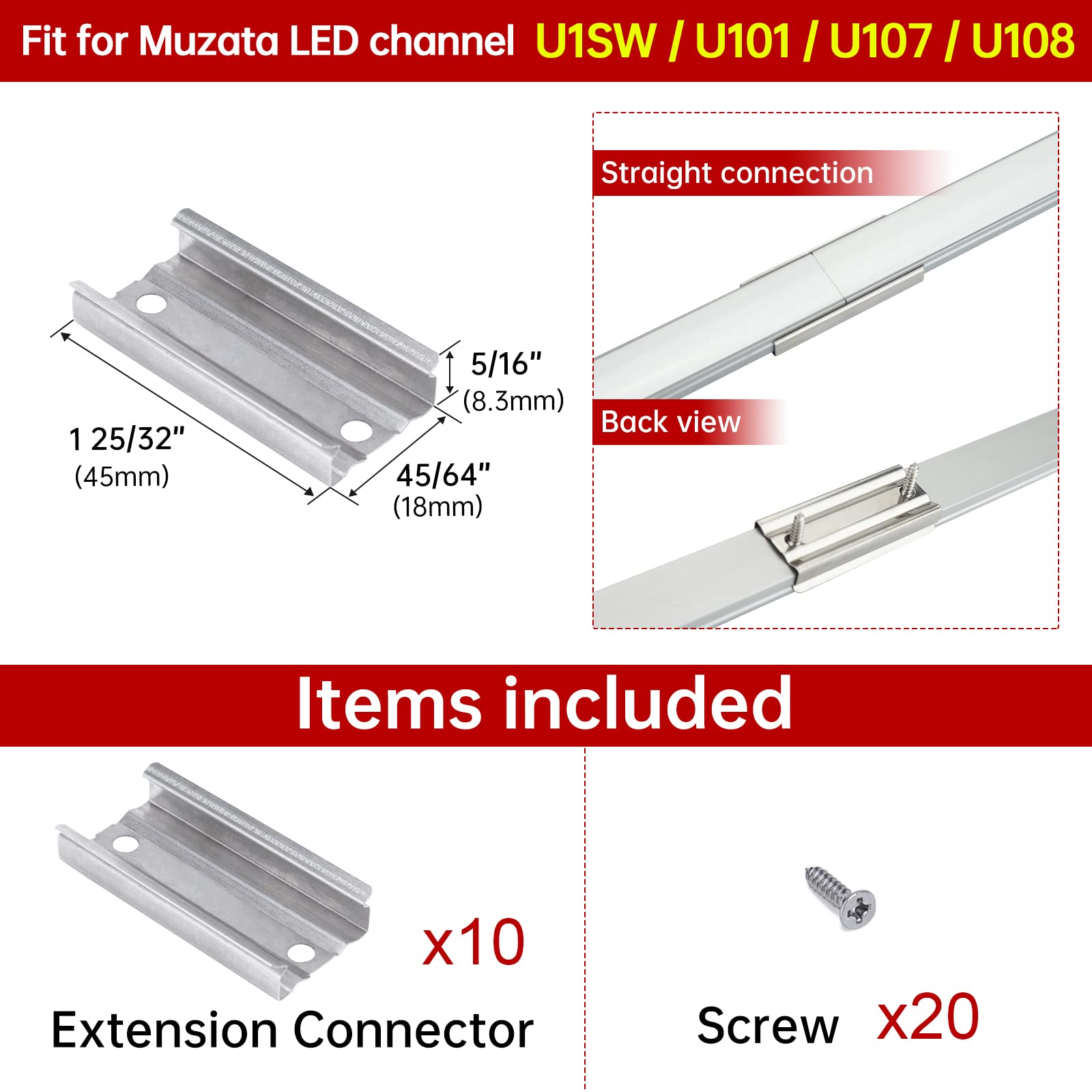 Muzata 10 Pack Extension Connector for LED Channel, Stainless Steel, Model MZZ335, 17MM Width U Shape