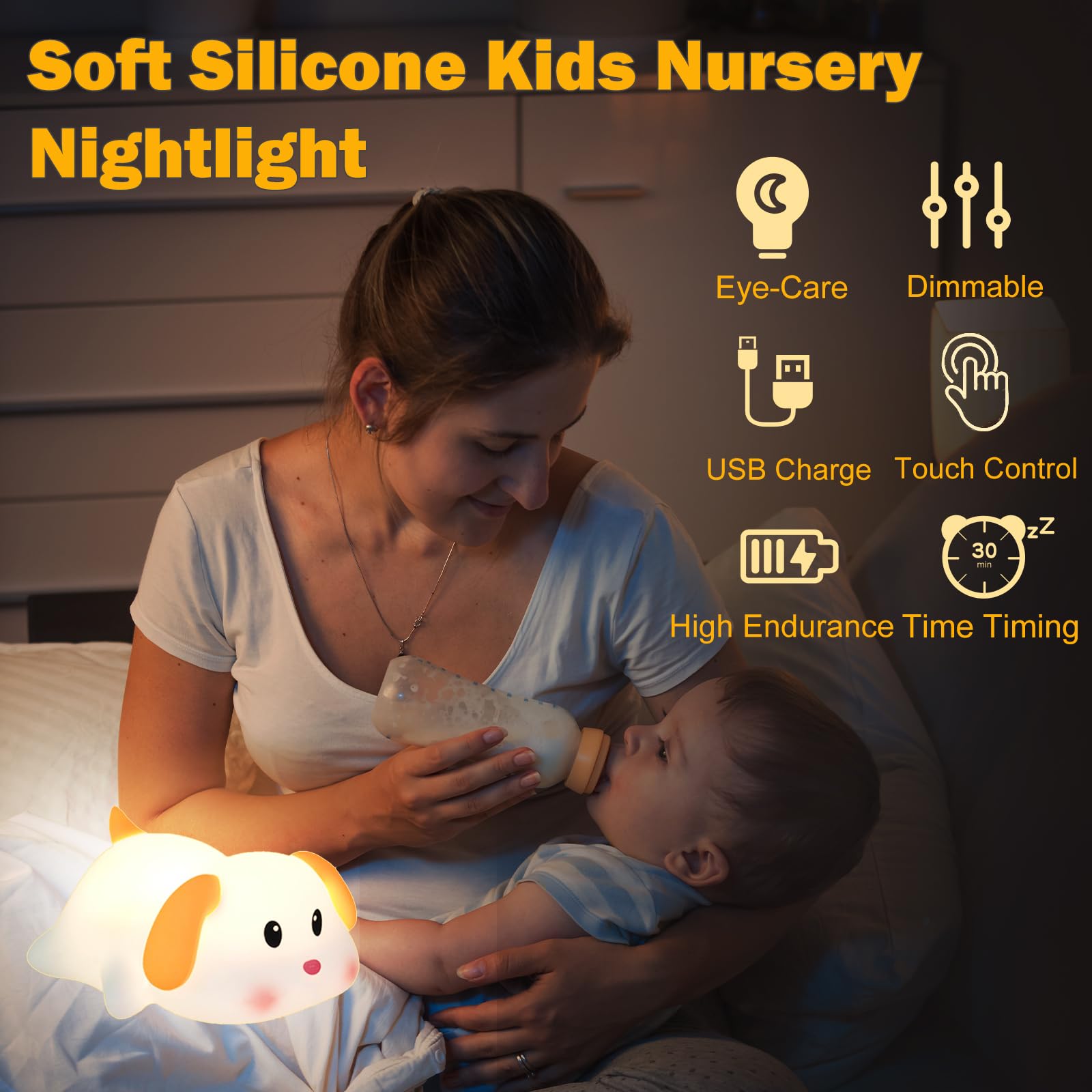iLAFFUS Night Light for Kids Lamp, Cute Dog Lamp,3 Level Dimmable Baby Night Lights for Nursery,Silicone Rechargeable Nightlight
