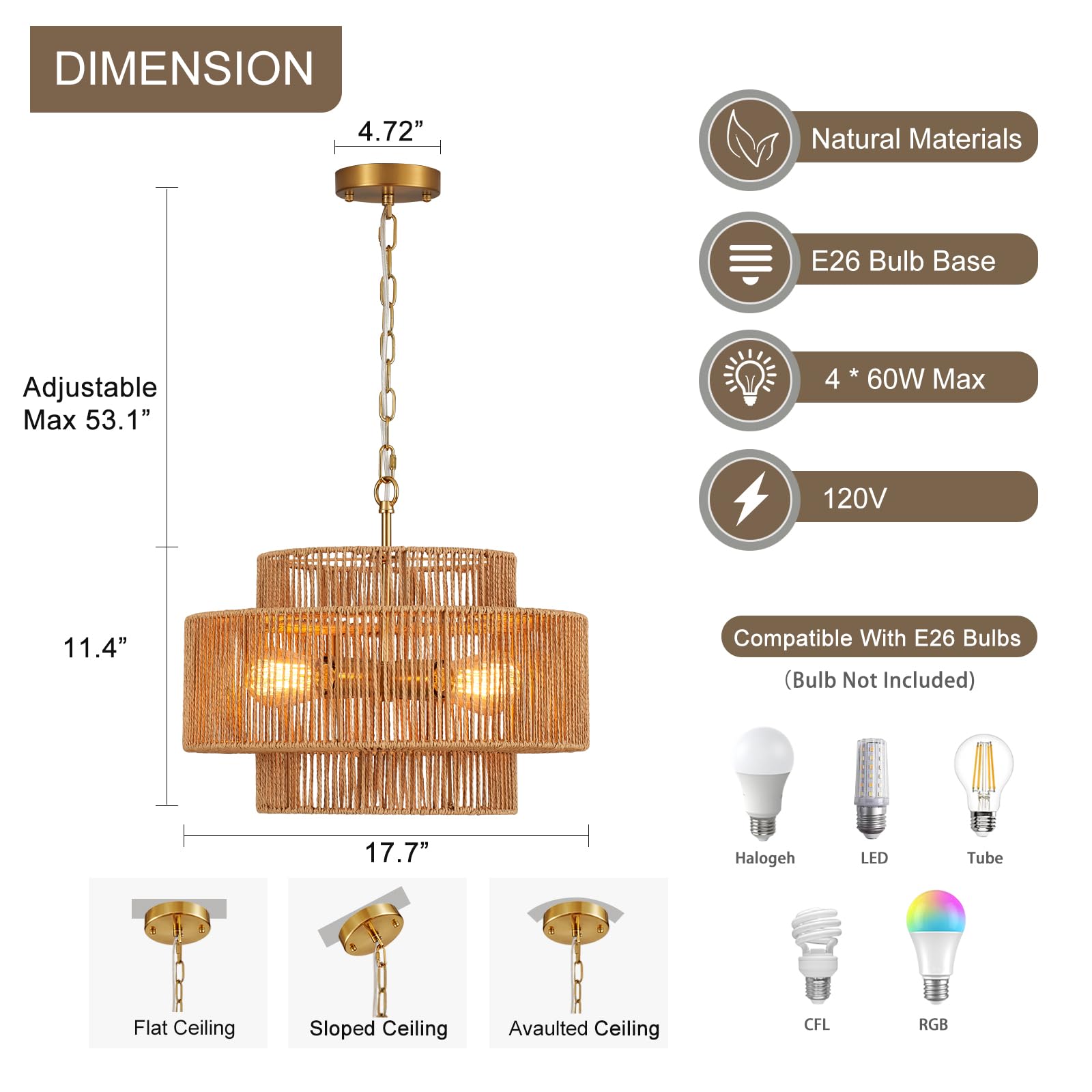 Widluth Hand-Woven Rattan Chandelier Vintage 4-Light 17.7" Farmhouse Boho Bamboo Chandelier Light Fixture Retro 3-Tier Drum Wicker Rattan Golden Chandelier For Dining Room, Kitchen, Living Room