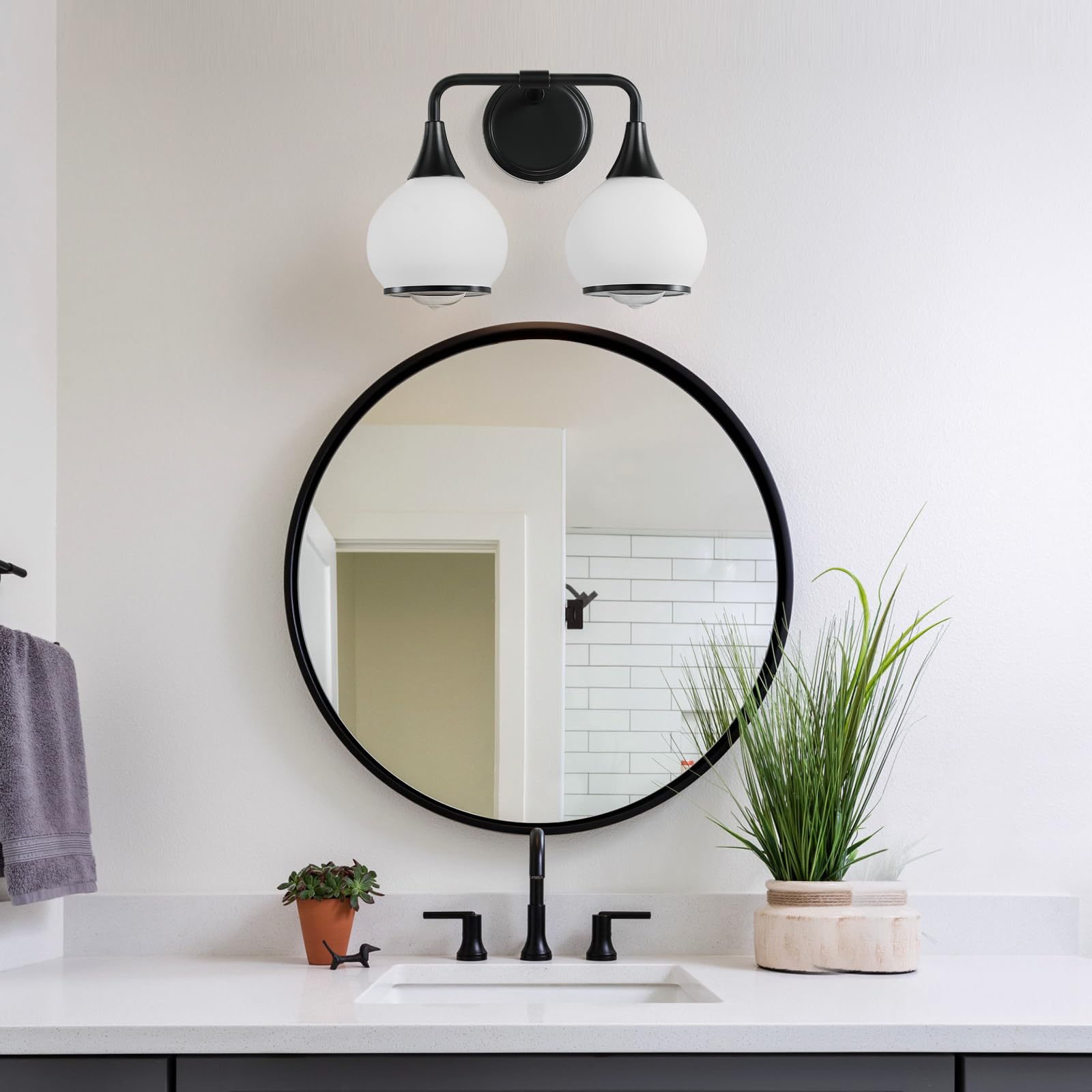 Hahzt 2 Light Black Bathroom Vanity Light Fixtures With Milky White Frosted Glass Shade, Model 8033Ml, Wall Sconce Lighting