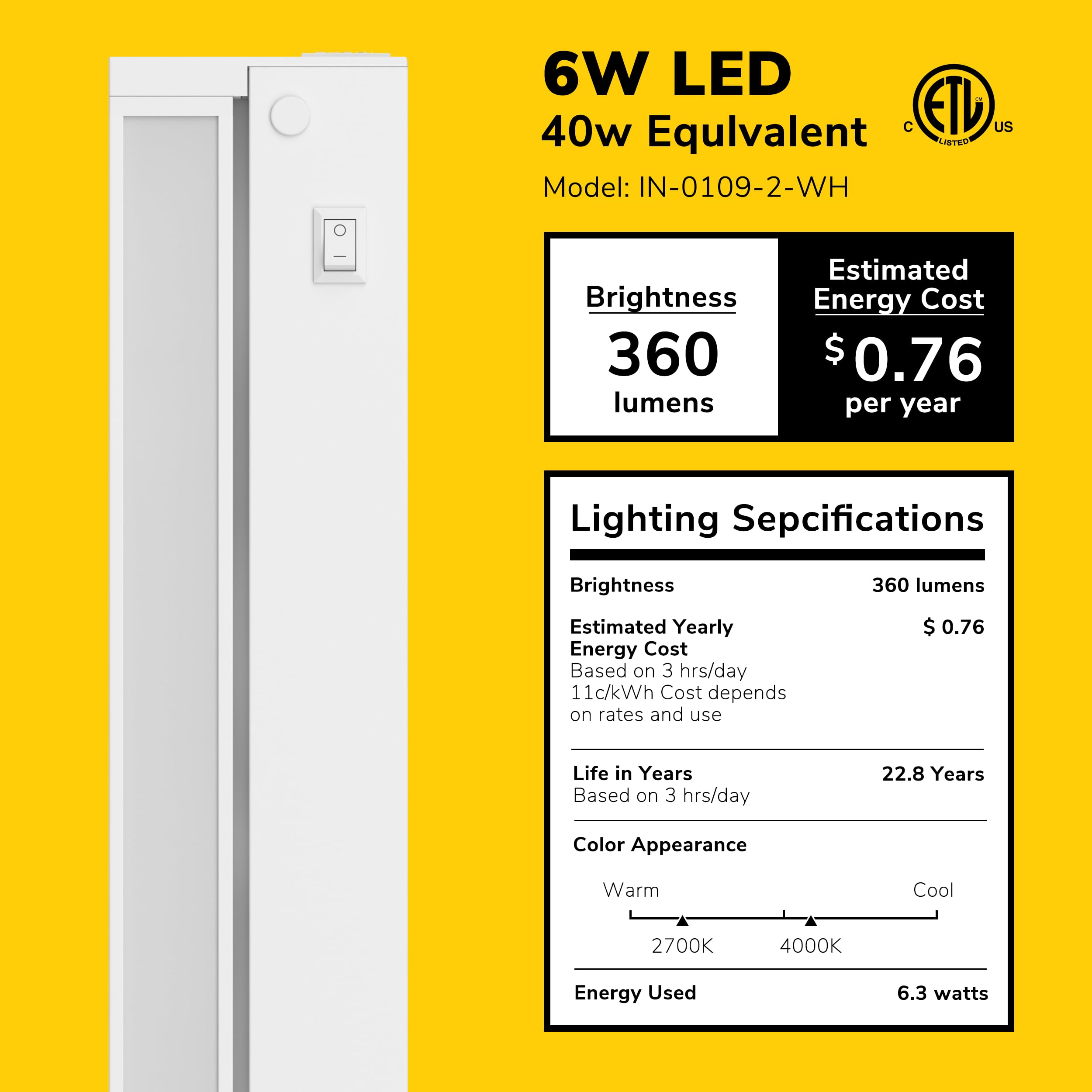 GETINLIGHT Swivel LED Under Cabinet Lighting, Dimmable 2700K/4000K, 12 Inch, White, Model IN-0109-2-WH