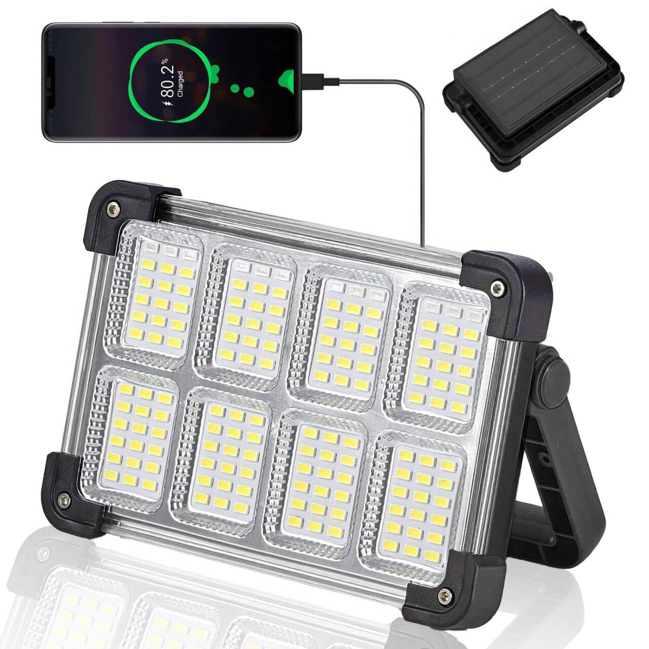 120W Solar Rechargeable Work Light  144 LED Portable Flood Light with Stand  IP66 Waterproof 4 Modes LED Job Site Lighting Flashlights for Mechanic Camping Fishing Car Repair(Black 1 Pack)