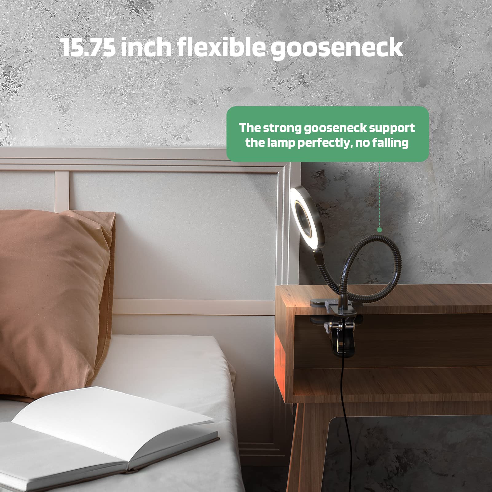 GLORIOUS-LITE 36 LED Clip-on Light, 4 Modes, 360° Gooseneck, Eye-Caring Black Lamp, Model AS-0108 for Desk, Headboard,