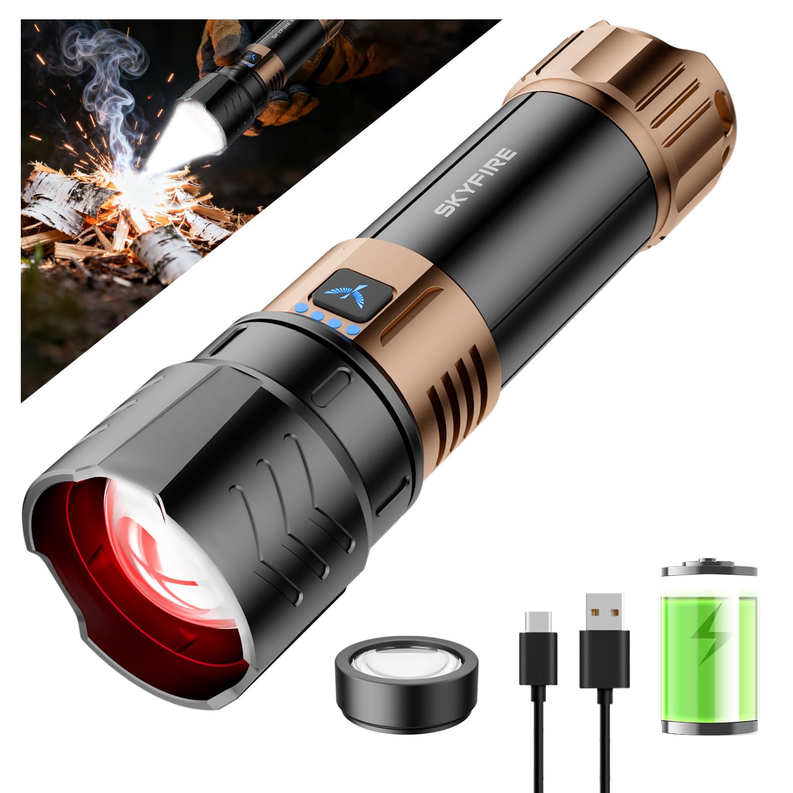 SKYFIRE Rechargeable Flashlight 3000lm Super Bright, Zoomable, Waterproof, Aluminum Alloy, Model SF-1097-Type, Color: Plus
