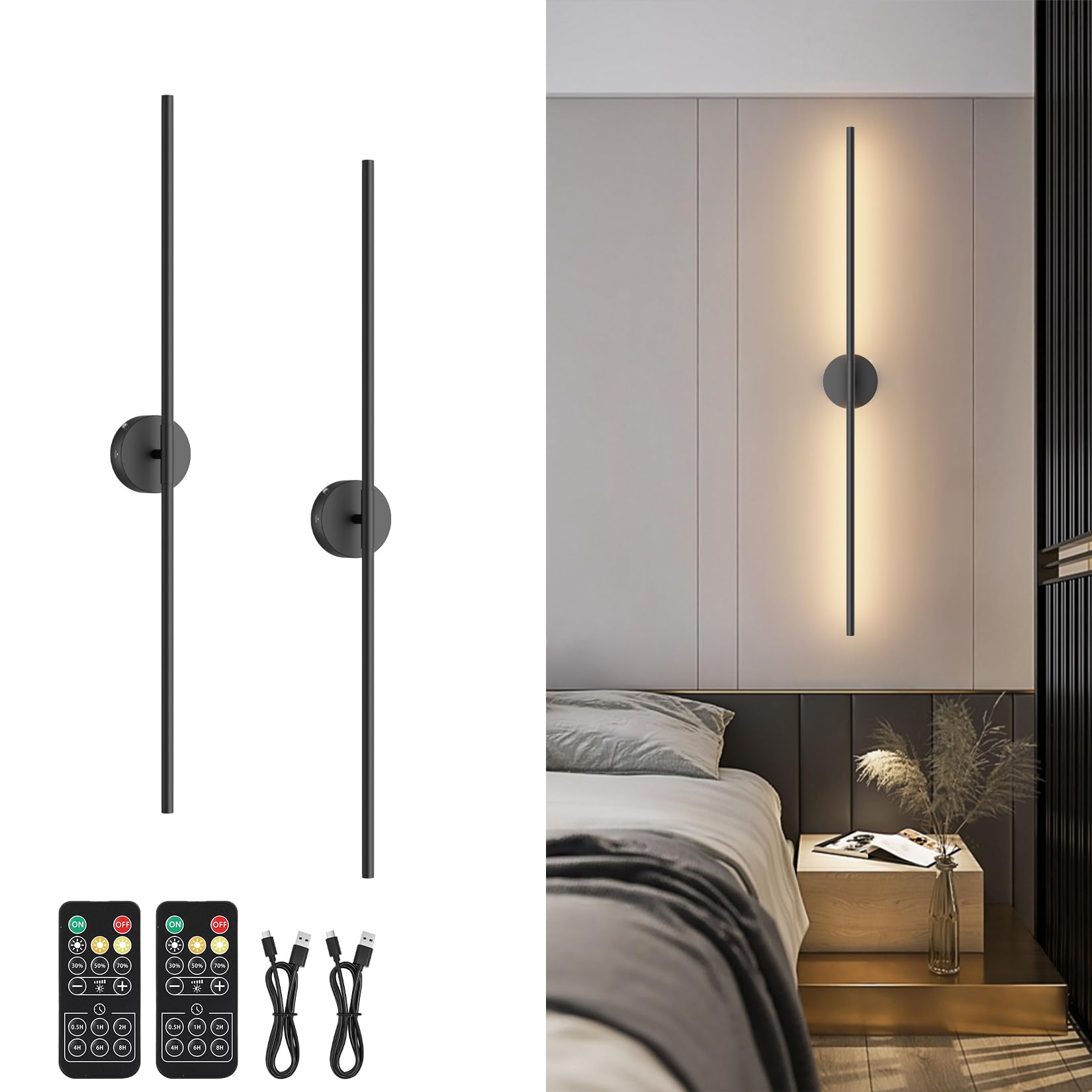 Tipace Dimmable Battery Operated Wall Sconces Set of 2, Black LED, 39.4 Inch, Model GW9825