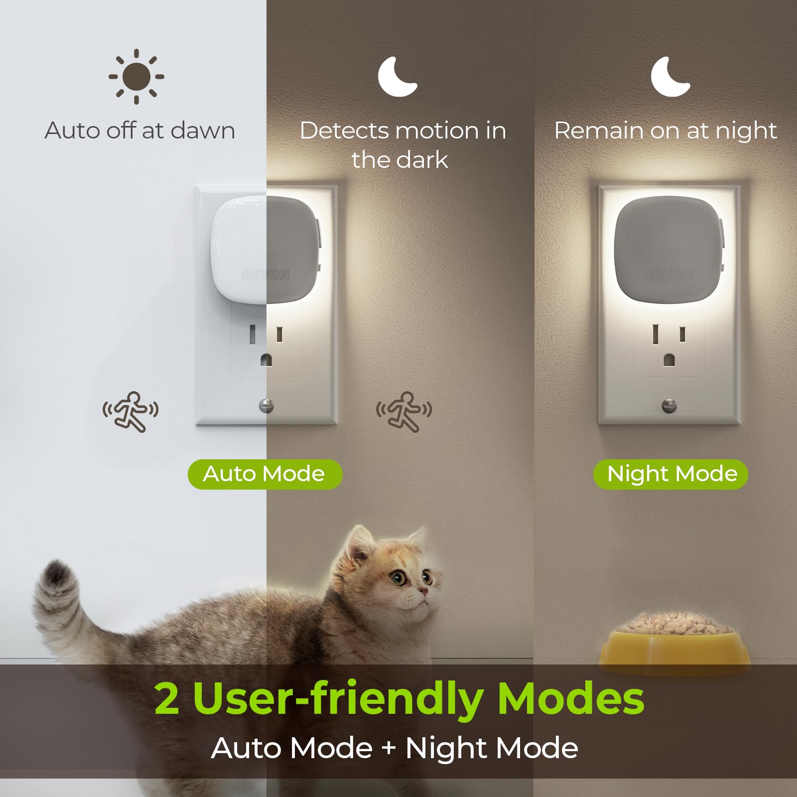 AUVON LED Night Light with Motion Sensor, Dimmable 1-50 lm Brightness, Cool White, 4 Pack, Model N001A
