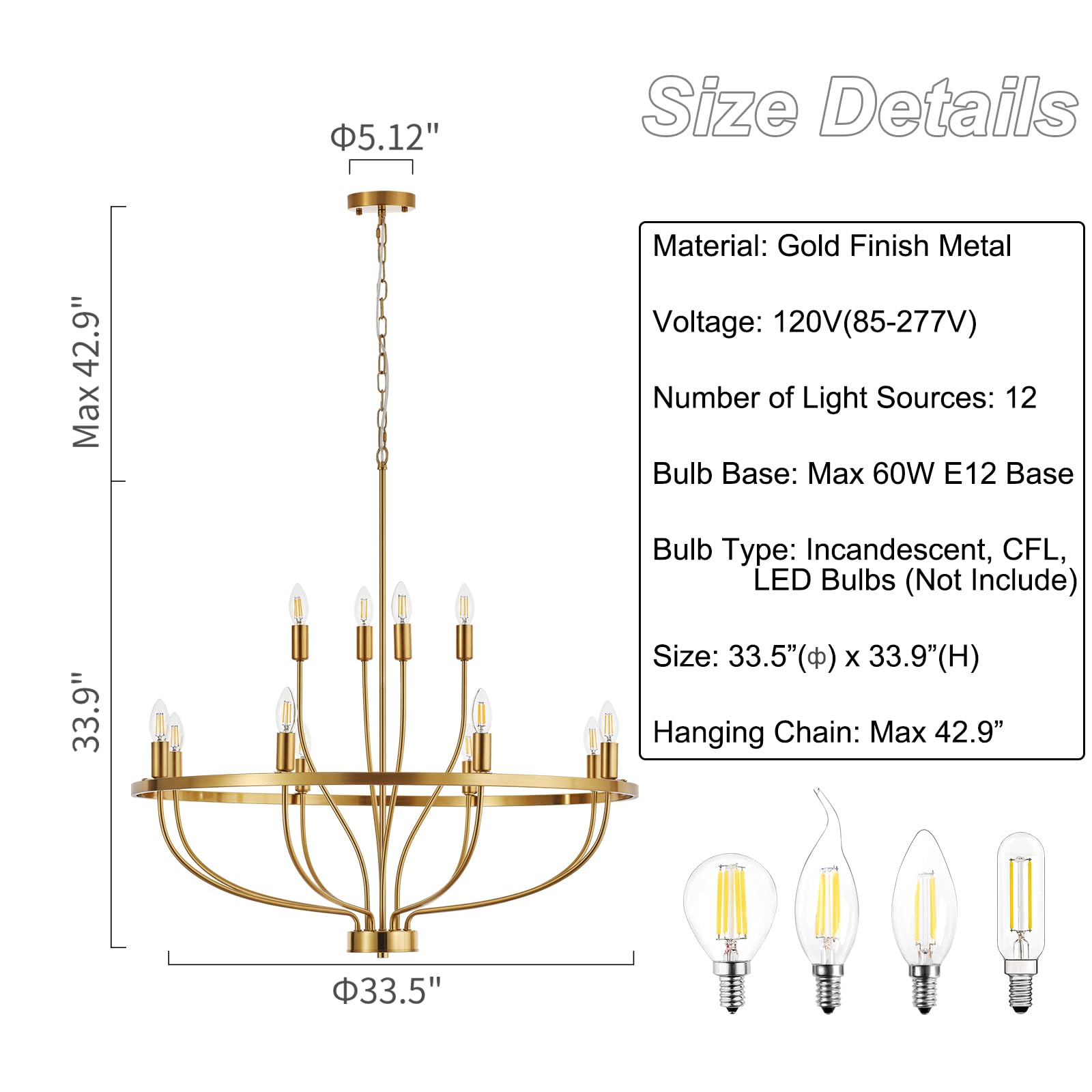 Widluth 33.5" Modern Gold Chandelier - 12-Lights Retro Candle Style Lighting for Dining Room, Kitchen, Living Room, Model MD1009-12-gold