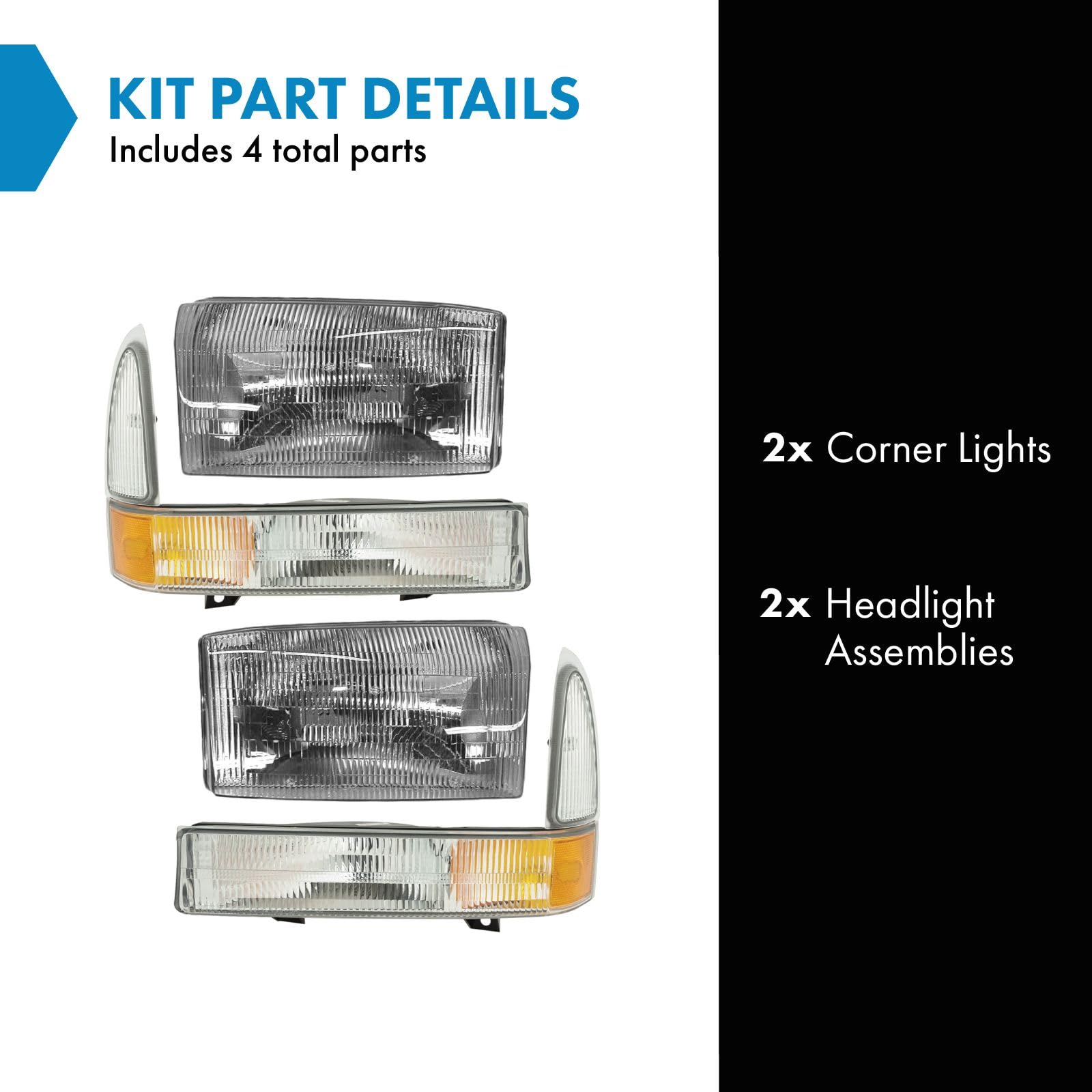 TRQ Headlight Assembly Set for 2002-2004 Ford Excursion & F250/F350 Super Duty, Model LKA55915, Amber Color