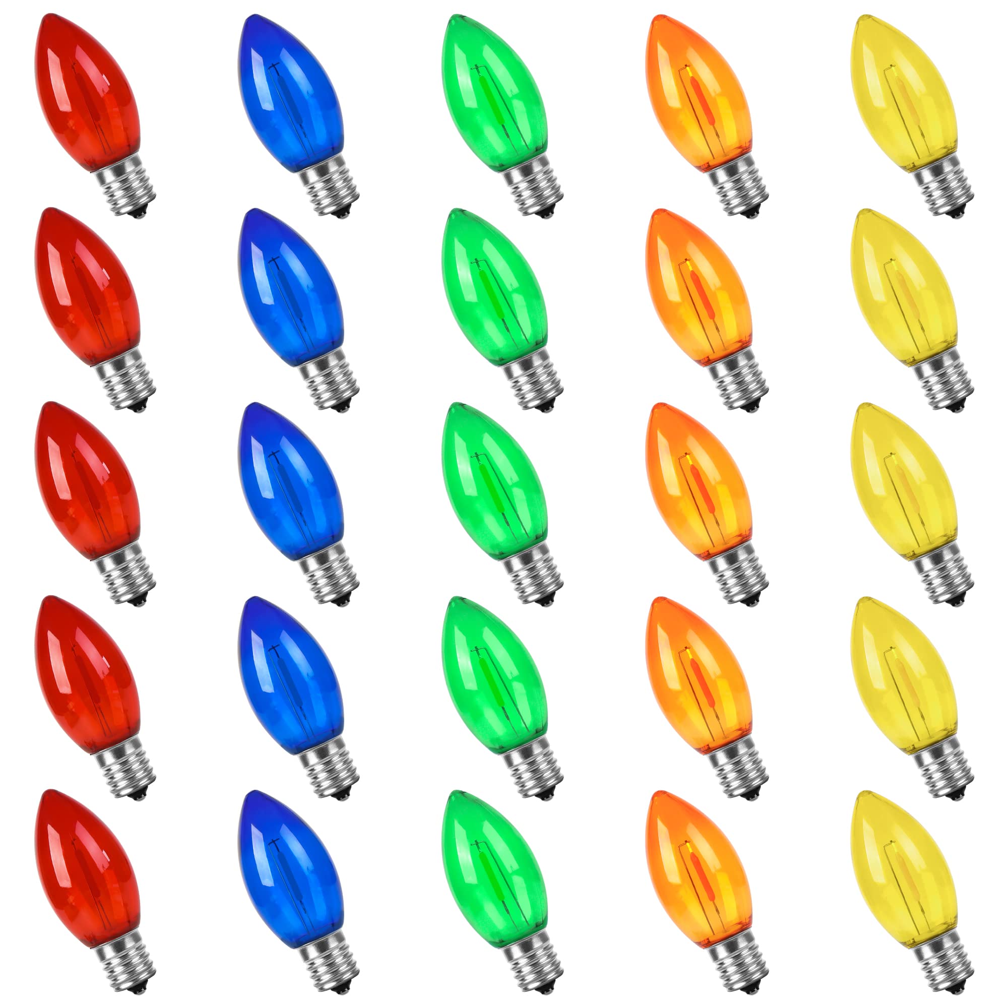 Neanete C9 Outdoor LED String Light Bulbs, Shatterproof, 25 Pack, Multicolor Plastic, E17 Base, 1W Equivalent