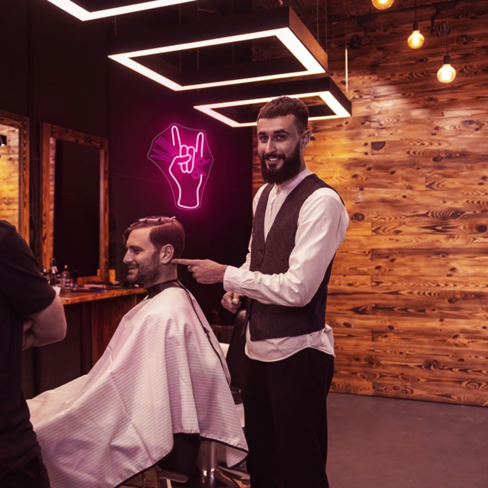 WLHOPE Salon Hand Neon Sign LED Wall Decor for Haircut Barber Shop 16.54 x 12.6 inches