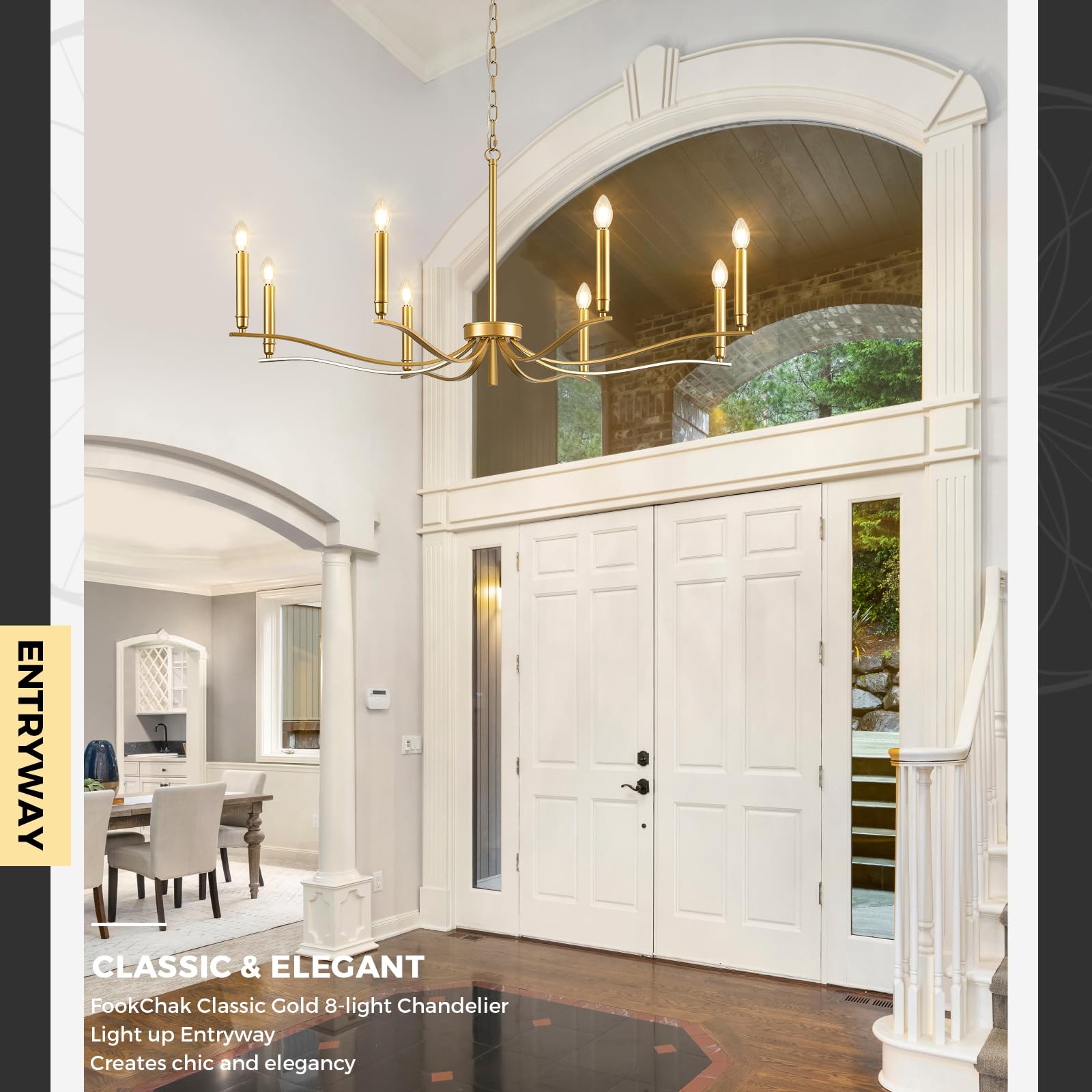 FookChak 8-Light Gold Brass Chandelier - Modern Metal Lighting Fixture for Dining Room, Entry Foyer, Living Room, 44in Model 40