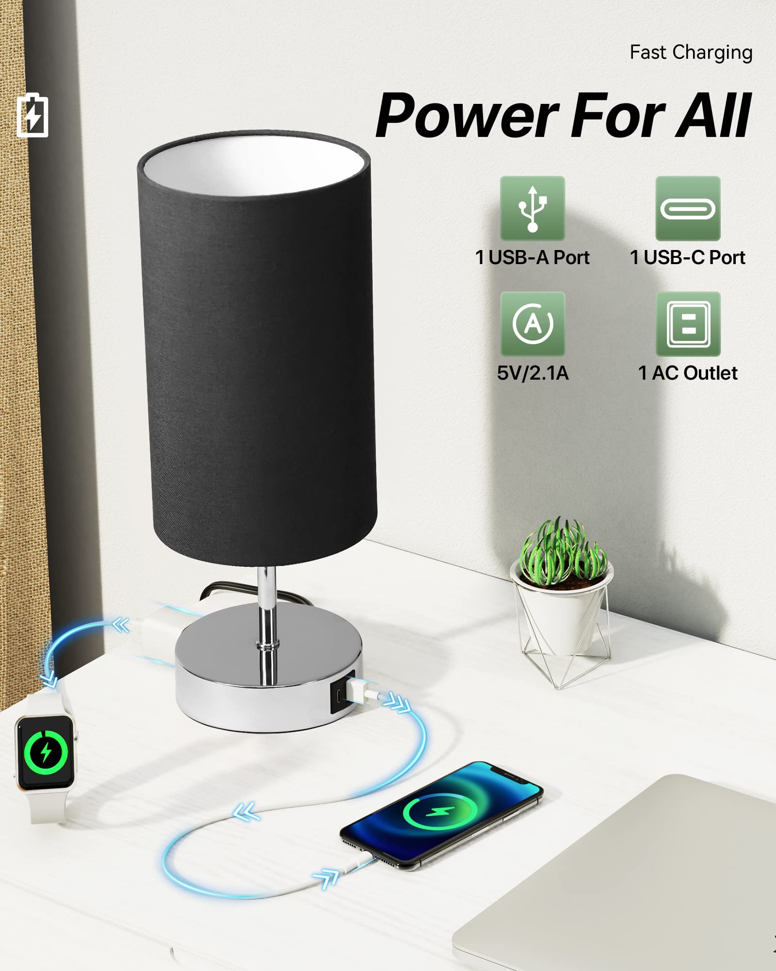 KPQ Bedside Lamp Touch Control with USB Ports & AC Outlet, 3-Way Dimmable, Linen Fabric Shade, Bright Silver/Black, Model T427