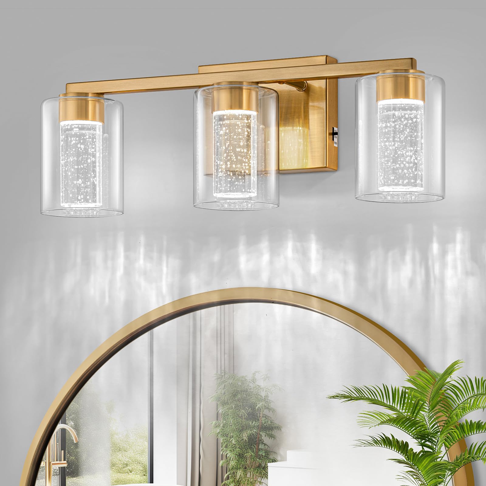 SineRise 3-Light Vanity Light, Dimmable LED, Gold, Eye Protection, Clear Glass Shade, Model 3676c136-a32e-409c-bd40-693cc