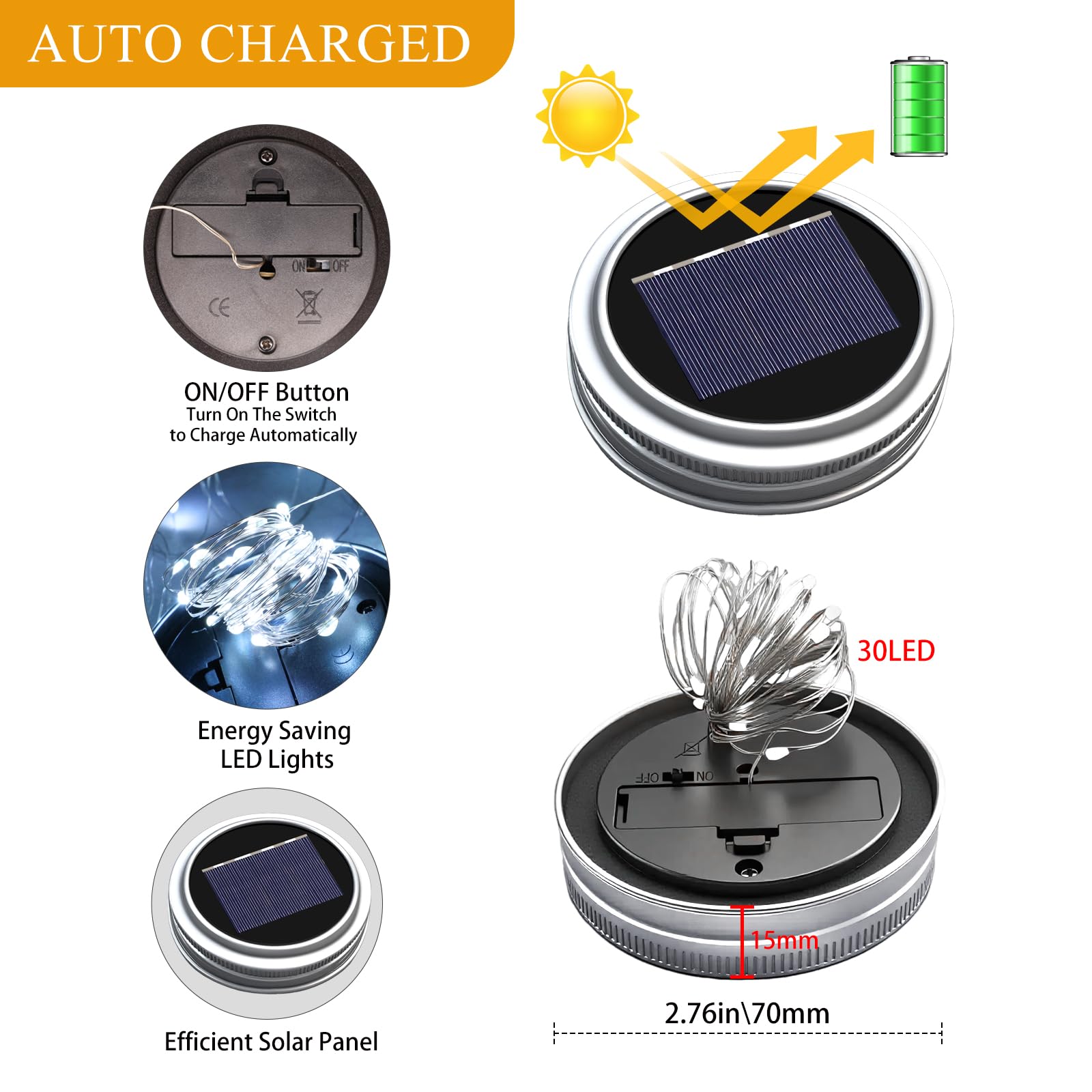 Znycye Solar Mason Jar Lights, 6 Pack 30 Led Waterproof Solar Fairy Firefly Jar Lids String Lights With Hangers(No Jars) For Out