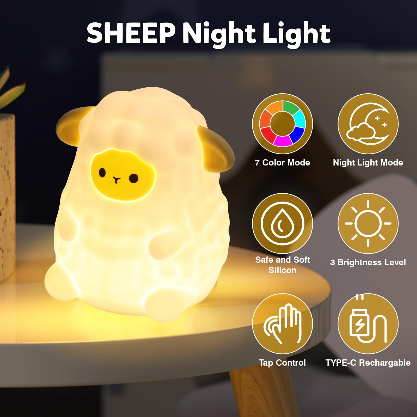ollycasa Cute White Sheep Night Light for Kids, 7-Color Changing & 3 Adjustable Brightness Levels,Rechargeable Silicone Bedside