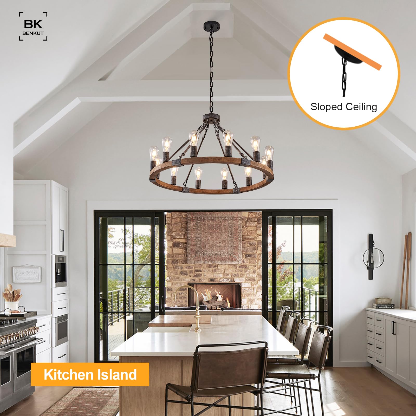 Benkut 31" Farmhouse Wagon Wheel Chandelier, 12-Light Black Wood Fixture for Dining Room, Living Room, Entryway - Model P62-12Z1