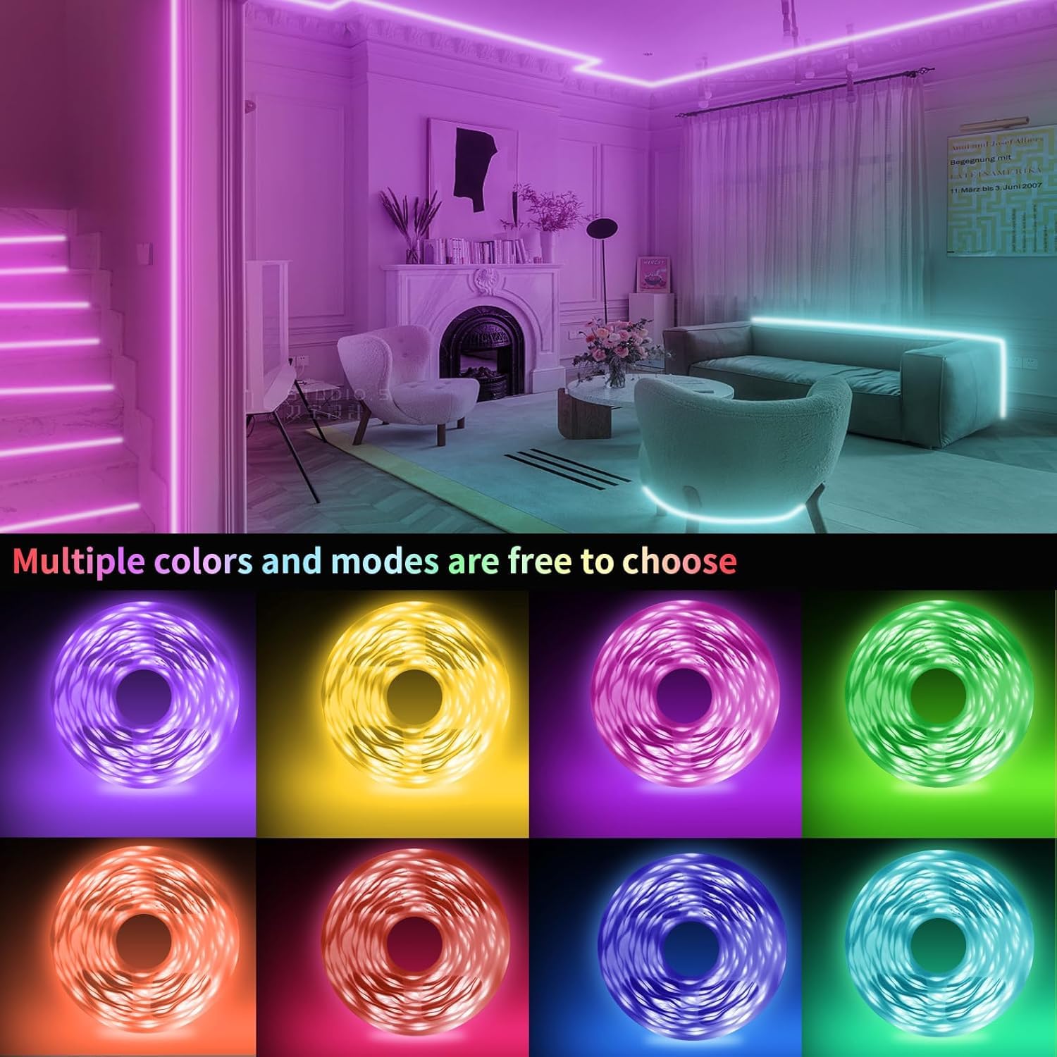 KSIPZE 50ft LED Strip Lights - RGB Color Changing, Smart App Control, Music Sync, Flexible Vinyl for Bedroom Décor, Model ST51_K2430