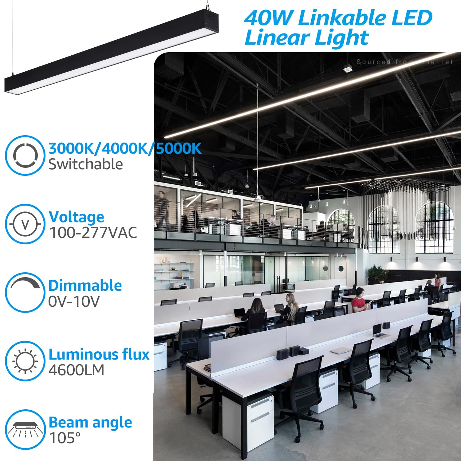 Leonlite 4Ft Linkable Led Linear Light, 3Cct 40W 3000K/4000K/5000K Cct Selectable, Etl Listed Dimmable Architectural Led Suspens