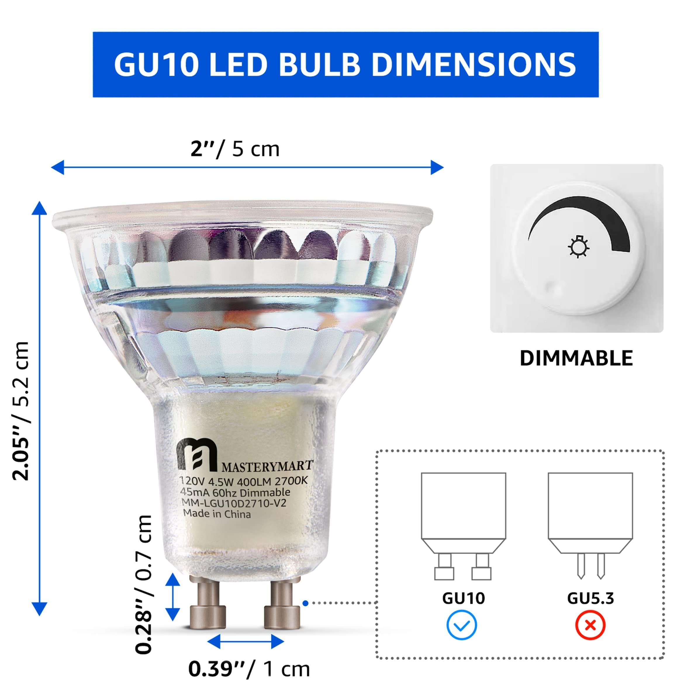 MASTERY MART GU10 LED Bulbs Dimmable, 50 Watt Halogen Equivalent, 2700K Soft White, 4.5W Flood Light Bulbs, MR16 Spot 400lm 40 B