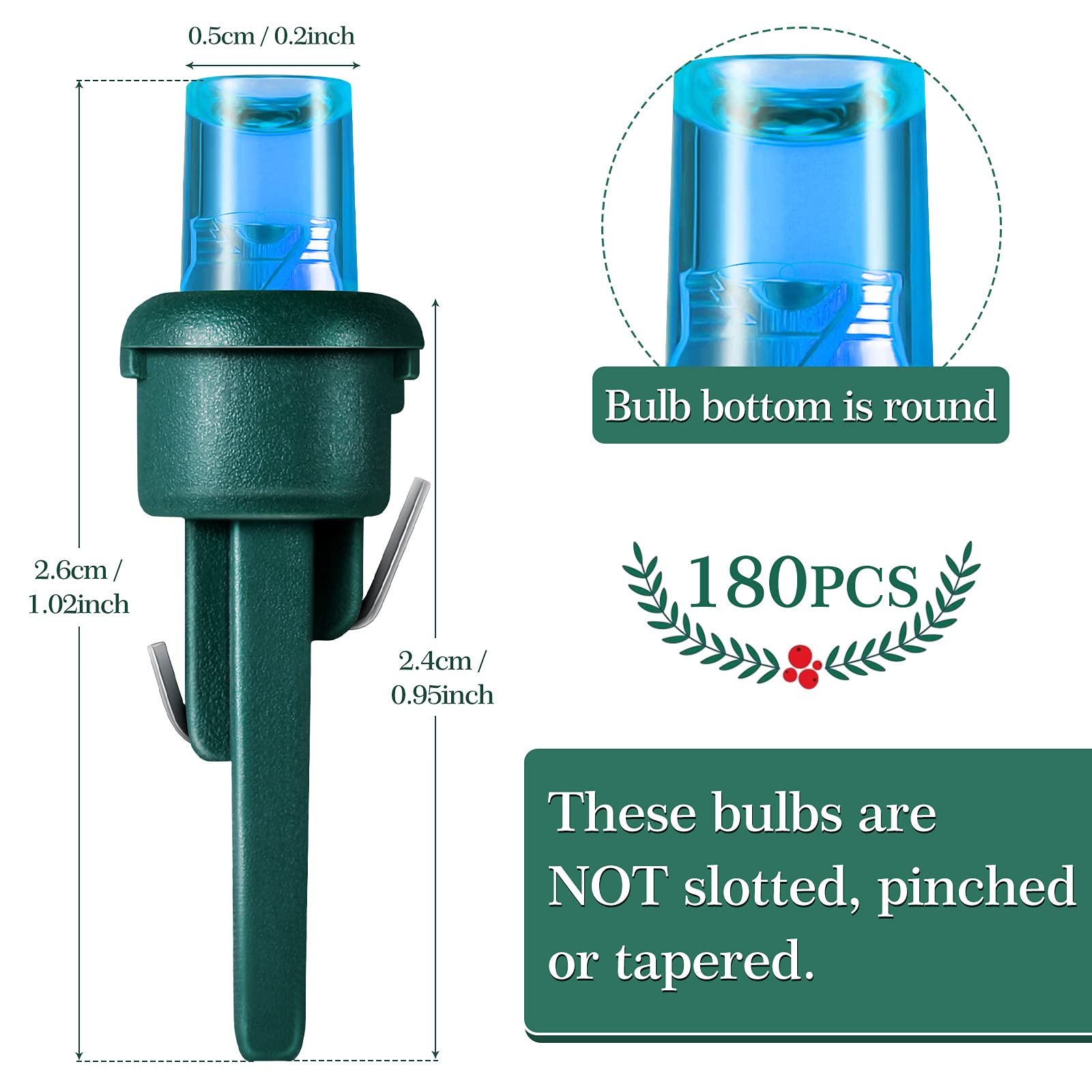 Honoson 180 Count 5mm Christmas LED Replacement Bulbs - Multicolor Wide Angle, Green Base, Perfect for Holiday Decorations