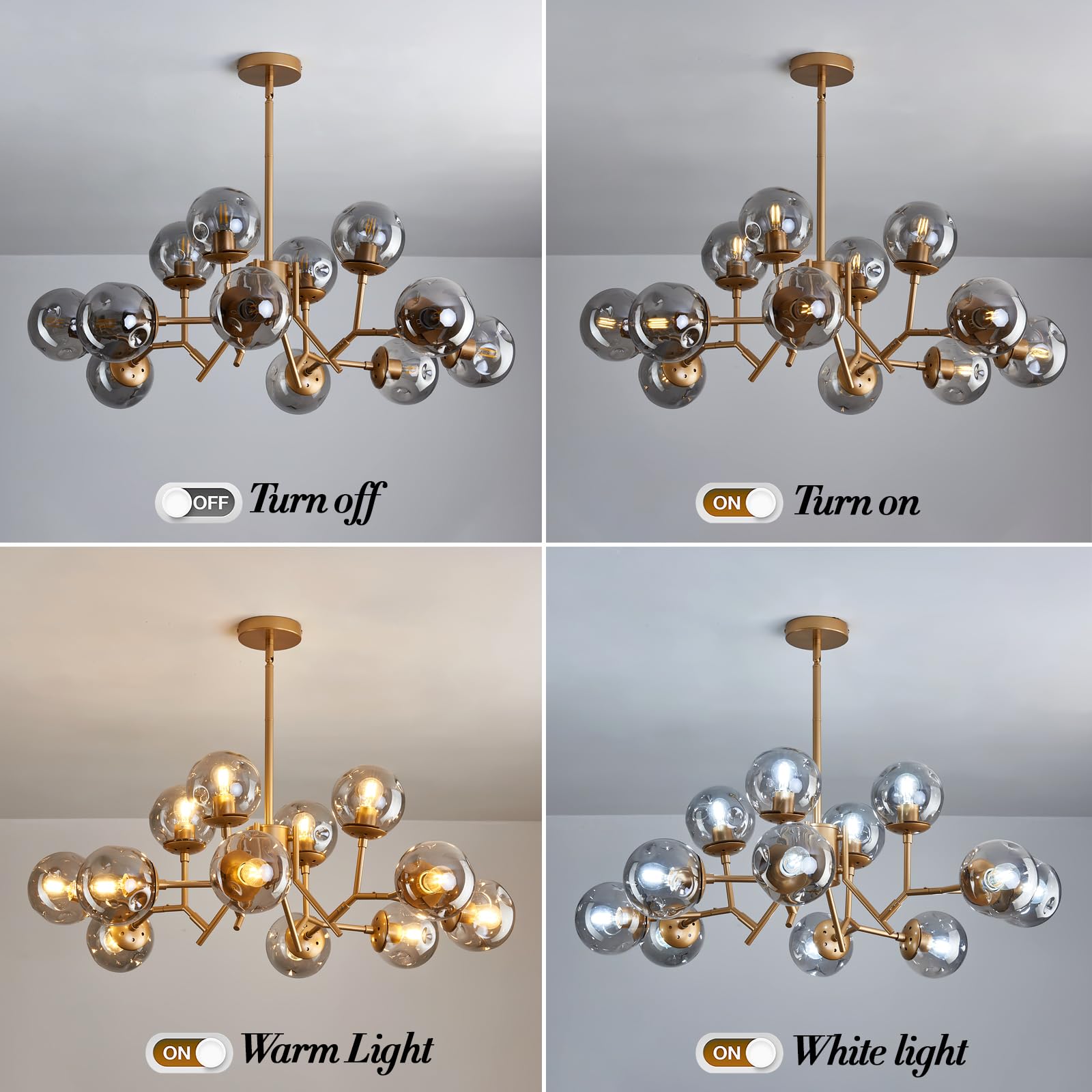 UOFUS 12-Light Glass Globe Sputnik Chandelier, Mid-Century Modern, Matte Gold, D-2155, Vintage Pendant Light for Living Room & Dining Room
