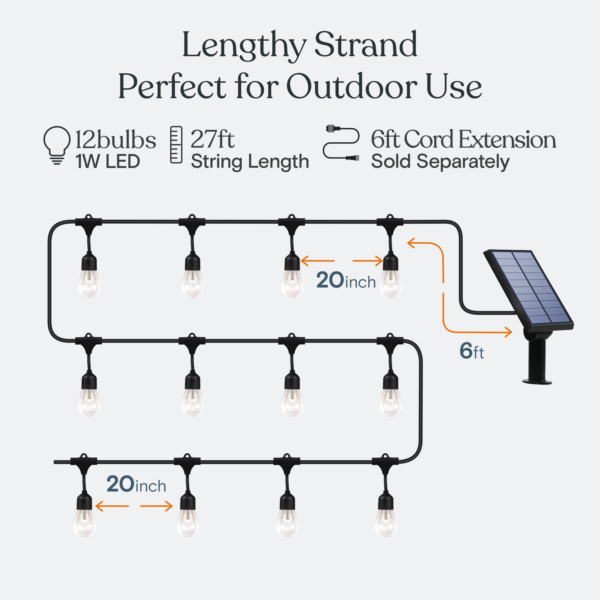 Brightech Ambience Pro Solar String Lights - 27 Ft, Waterproof, 12 Edison Bulbs, Shatterproof LED, Warm White