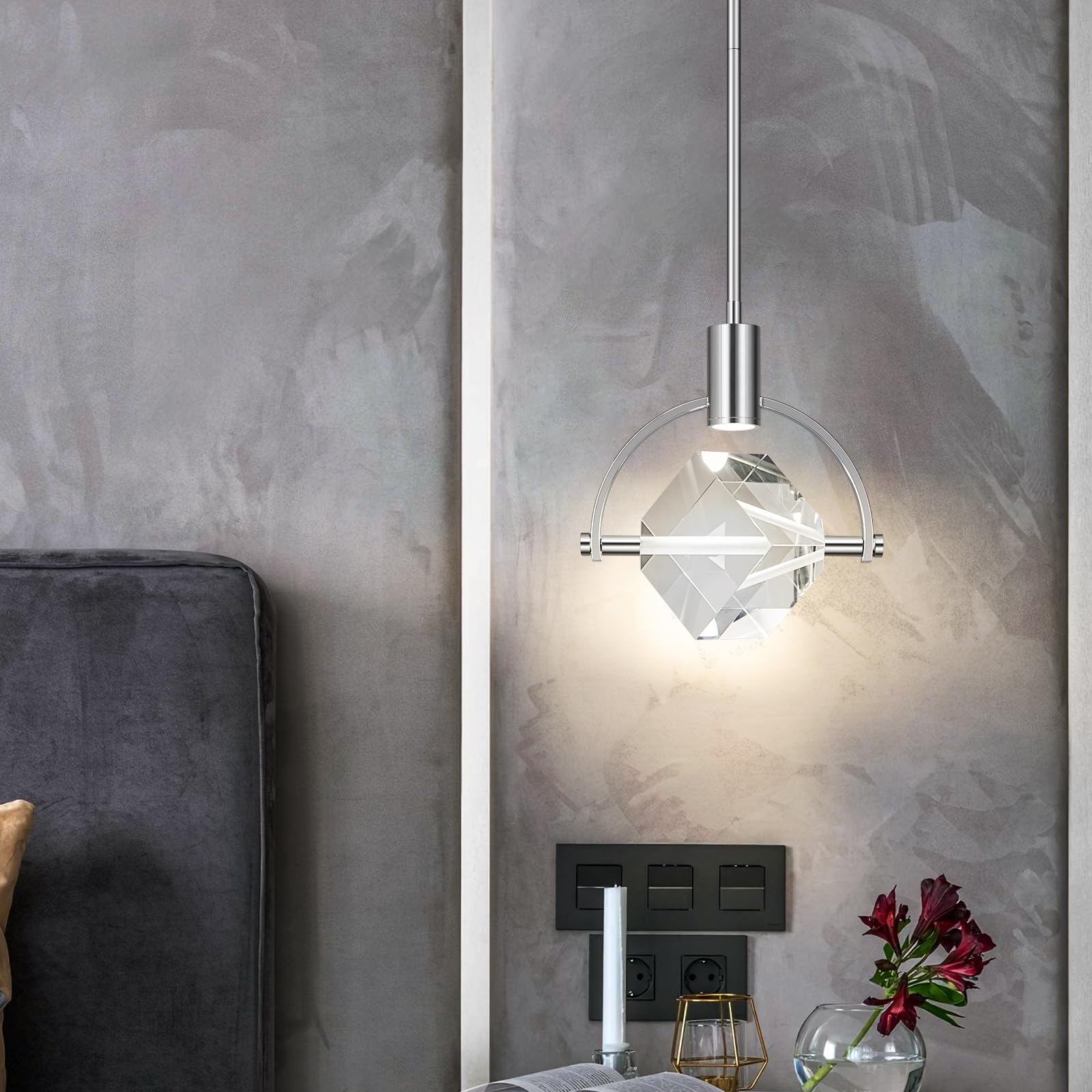Liangmh Chrome Crystal Pendant Light Fixture, Modern Led Hanging Light For Kitchen And Dining Room