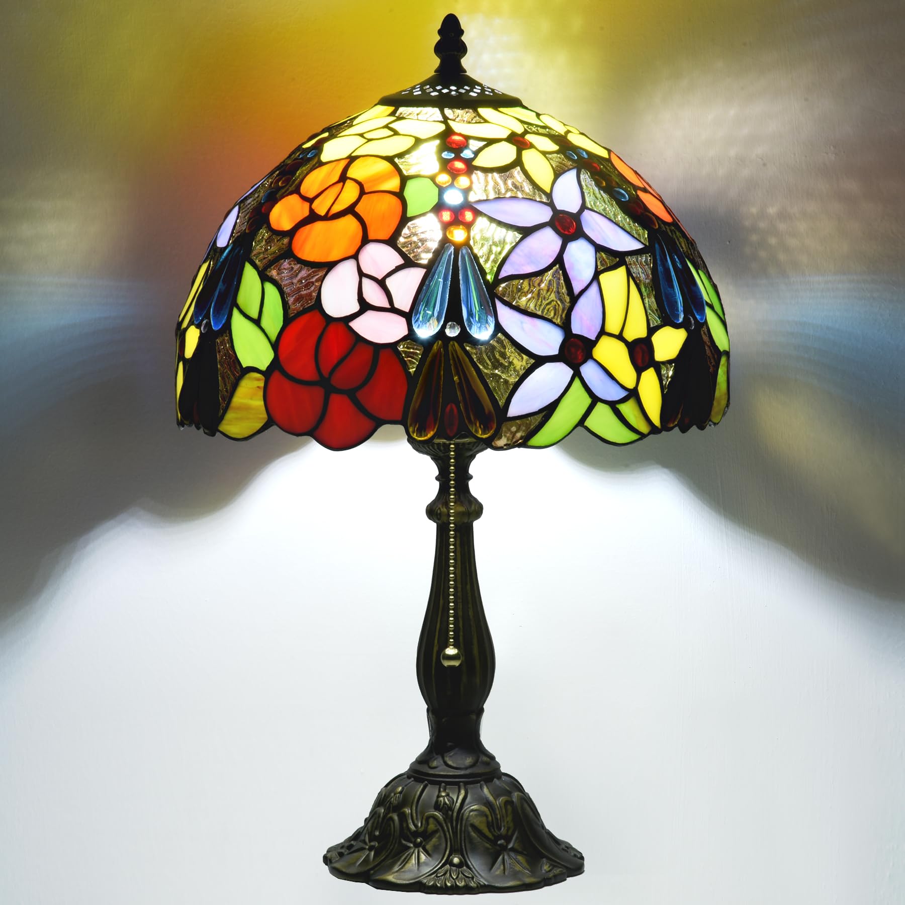 Msrzuds Tiffany Style Stained Glass Table Lamp, Floral Pattern Desk Light with Antique Bronze Resin Base, Red Roses Decorative L