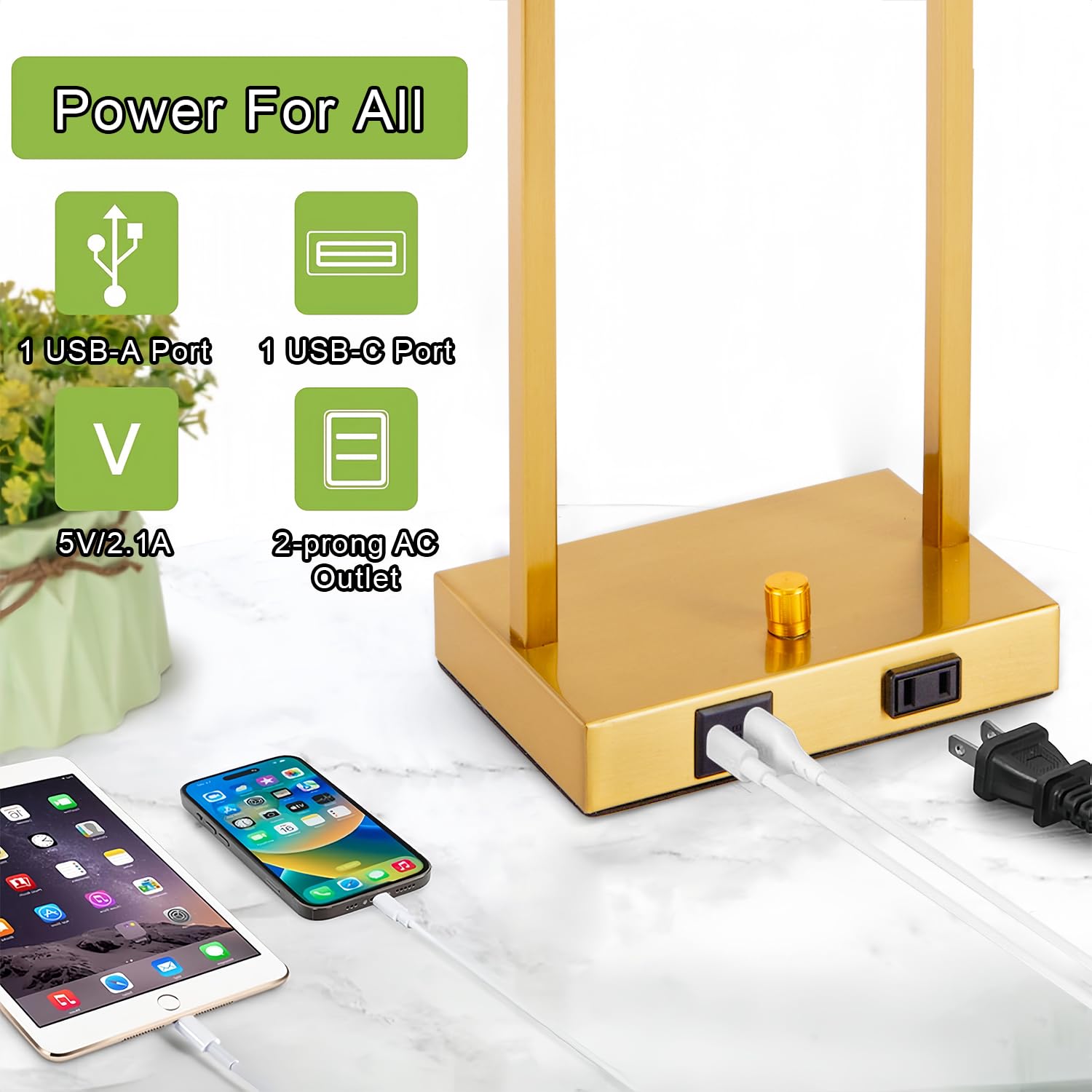 Industrial Table Lamps For Bedroom Set Of 2 - 16'' Nightstand Lamps With Usb C+A Charge Ports & Outlet, End Table Lamps Fully St