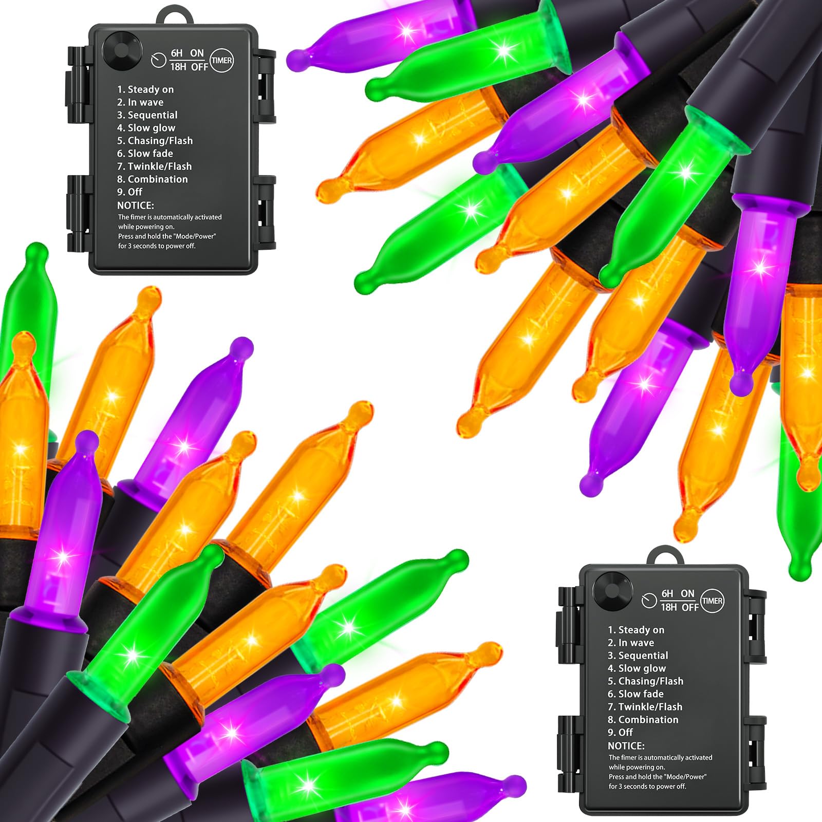 Aiyomt Halloween Orange Purple & Green Lights Decorations, 2 Pack 17FT 100LED Mini String Lights Battery Operated -Waterproof fo