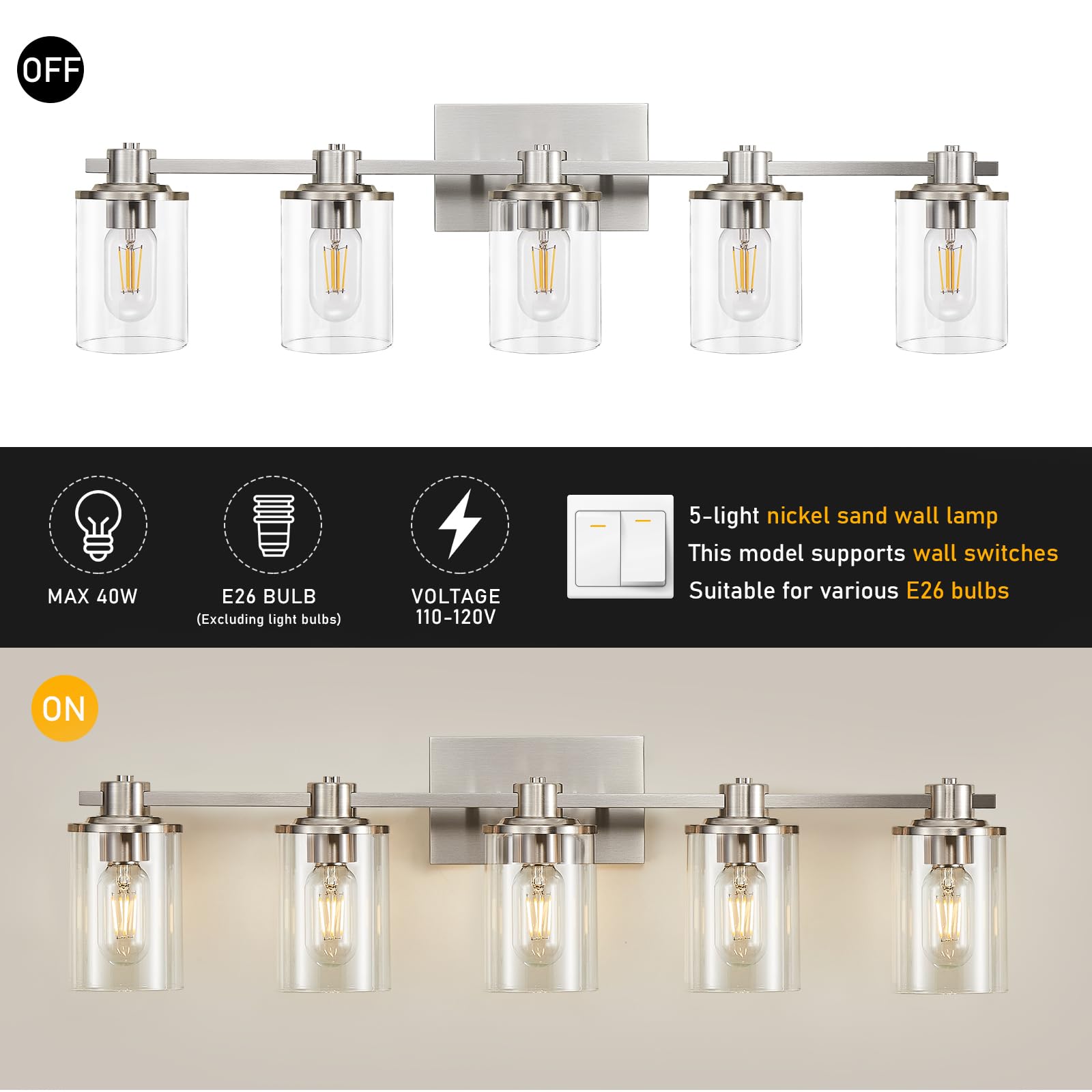 Dujahmland 5-Light Brushed Nickel Bathroom Vanity Light Fixture With Clear Glass Shade