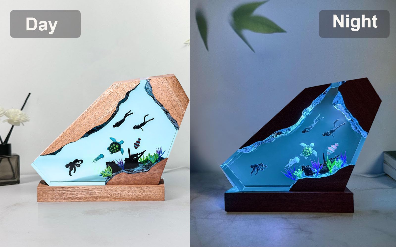 Nice Hera Octopus Ocean Resin Lamp  Handmade Wooden Table Resin Night Light  Usb Port Art Ornaments For Home Office Decor  Scuba Diver Gifts For Birthday Holiday  ValentineS Day Gifts For Husband