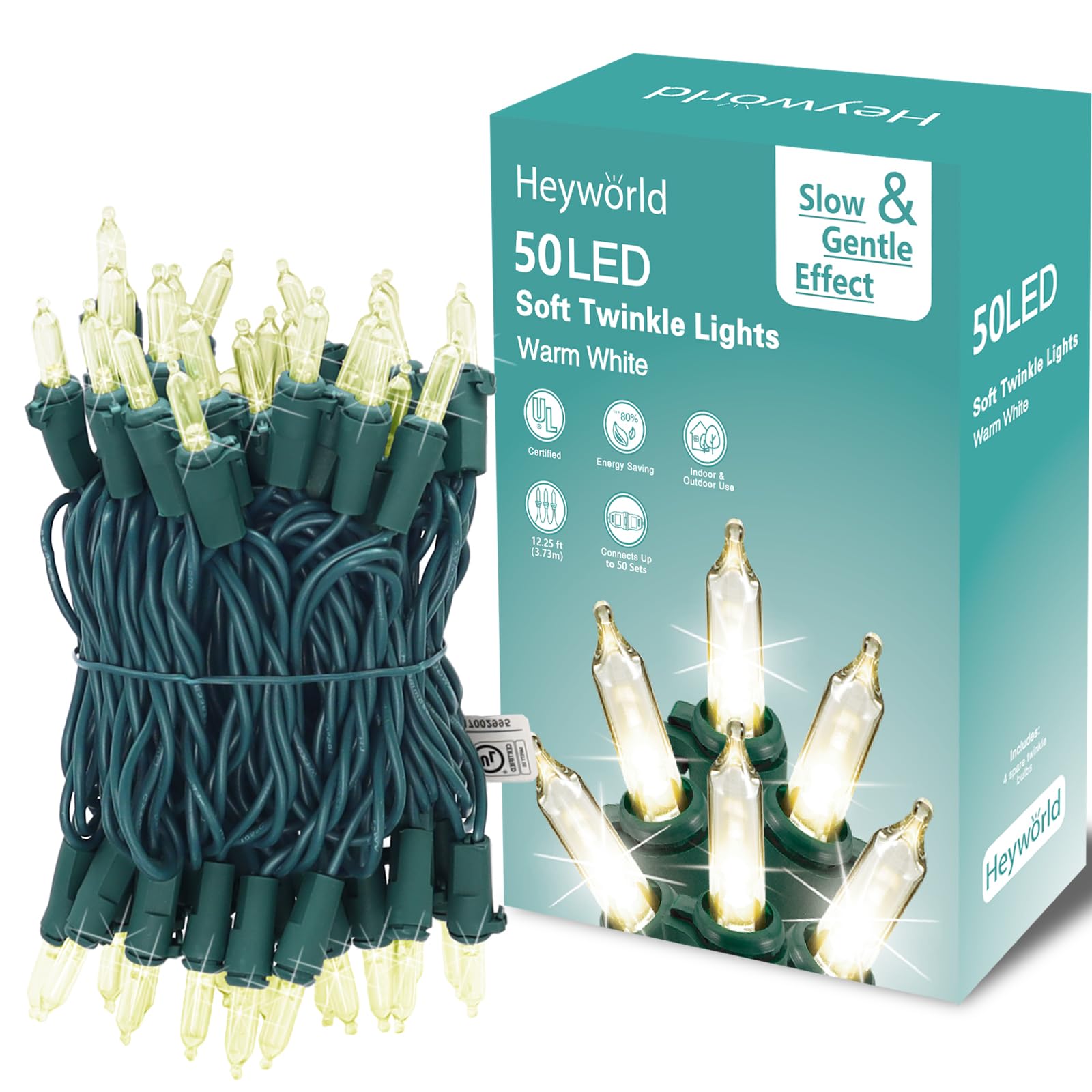 50 LED Slow Twinkle Lights, Soft Twinkling Christmas String Lights, UL Certified 14.58 Ft, Connect Up to 50 Sets, Indoor & Outdo