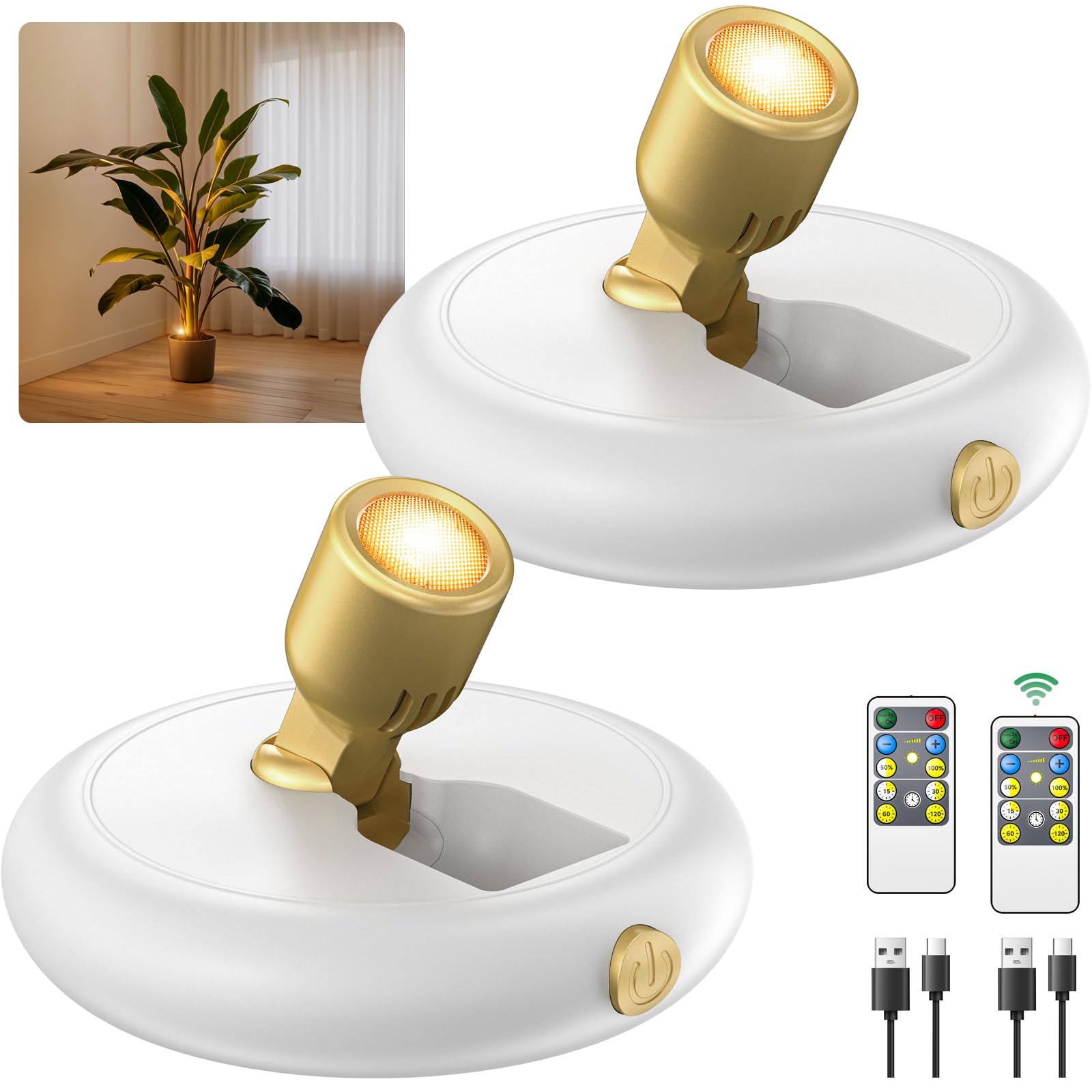 Ler0ktr Rechargeable LED Spotlight - Wireless Mini Accent Light with Timer Remote, 2 Pack, White, Model SL-BG-22