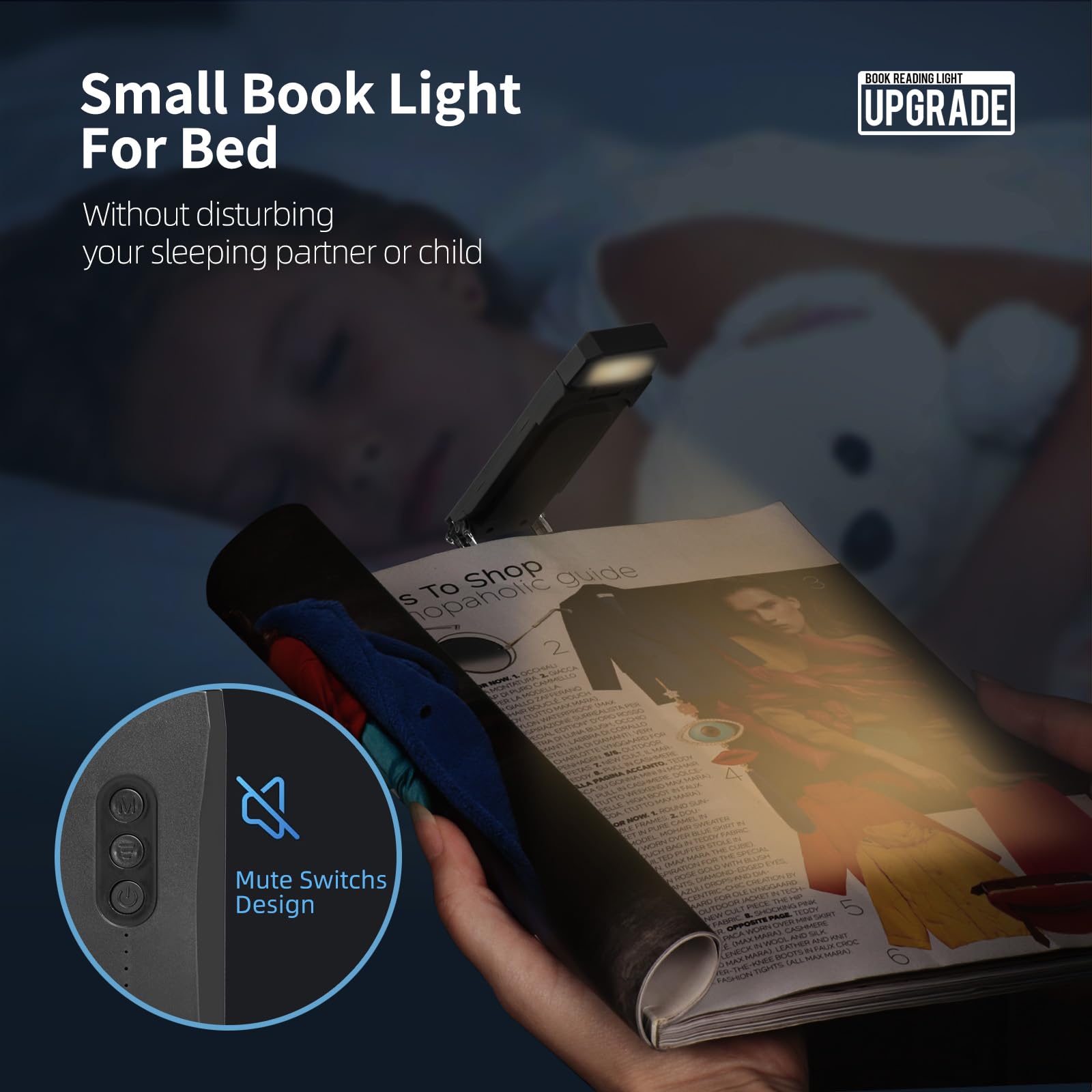 EGWASER USB Rechargeable Clip-on Book Light, 3 Amber Colors, 3 Brightness Levels, 500mAh Black, Eye-Caring Reading Light for Kids & Book Lovers