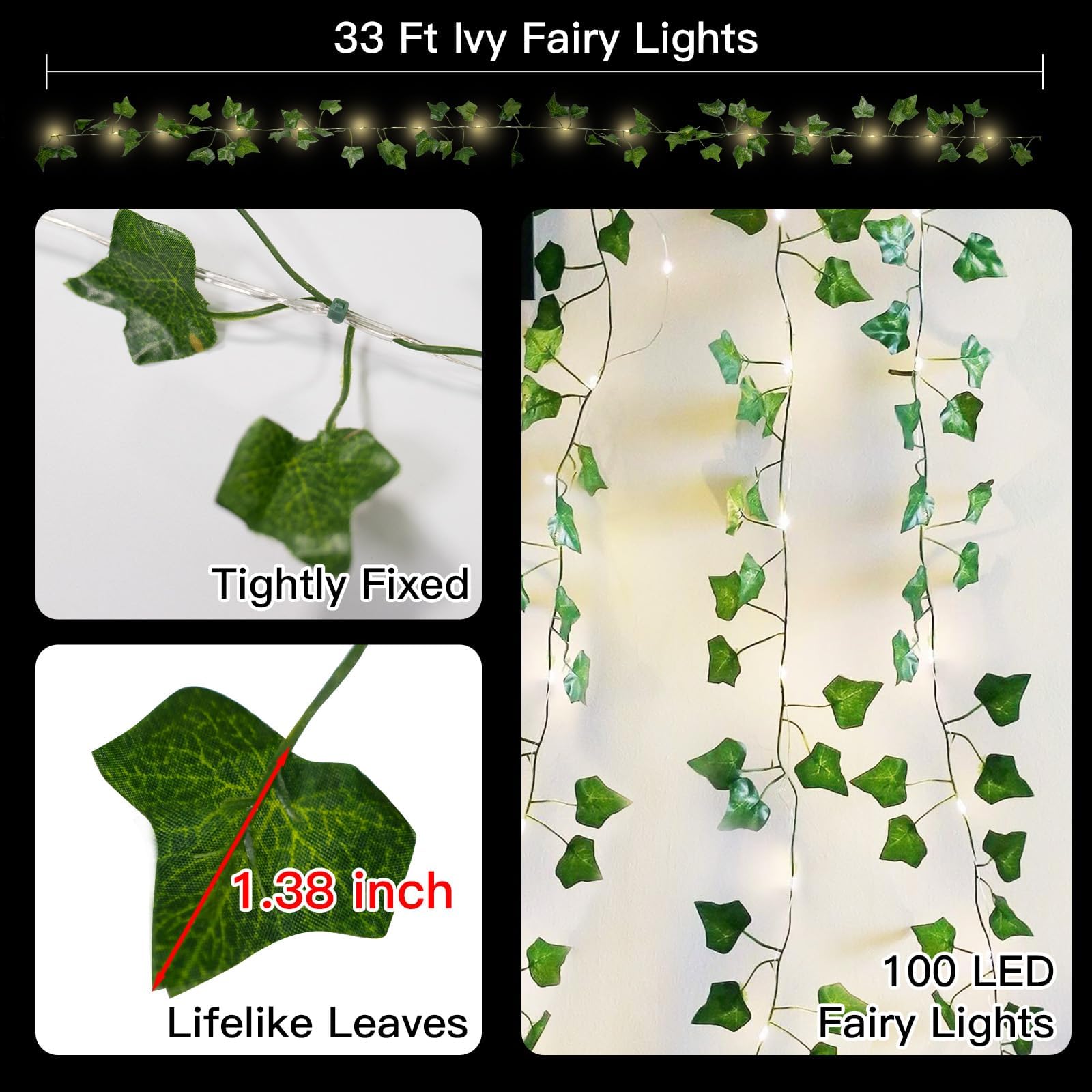 suddus Ivy String Lights with Remote, 100 LED, 33ft Copper Wire, Battery Operated, Warm White for Bedroom, Garden, Party Decor