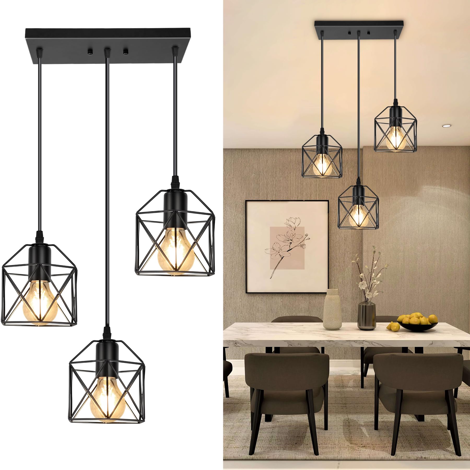 ROCUNSI 3-Light Pendant Light Fixture, Industrial Black Metal Cage, E26 Base, Farmhouse Design for Kitchen, Dining Room, Model XFT-3L-01