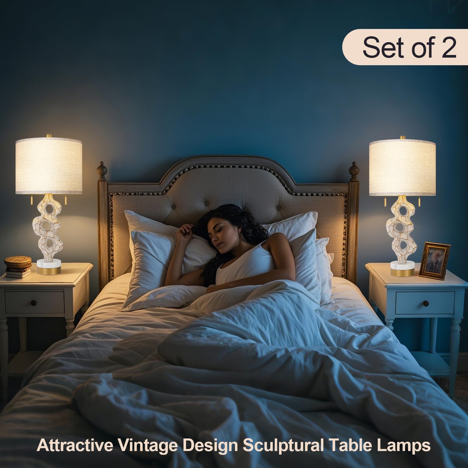 Scenekoy Sculptural Table Lamp Set of 2, 26” Rustic Linen Shade, Antique Gray & Gold, USB Ports, E26 Bulbs Included, Model SL030