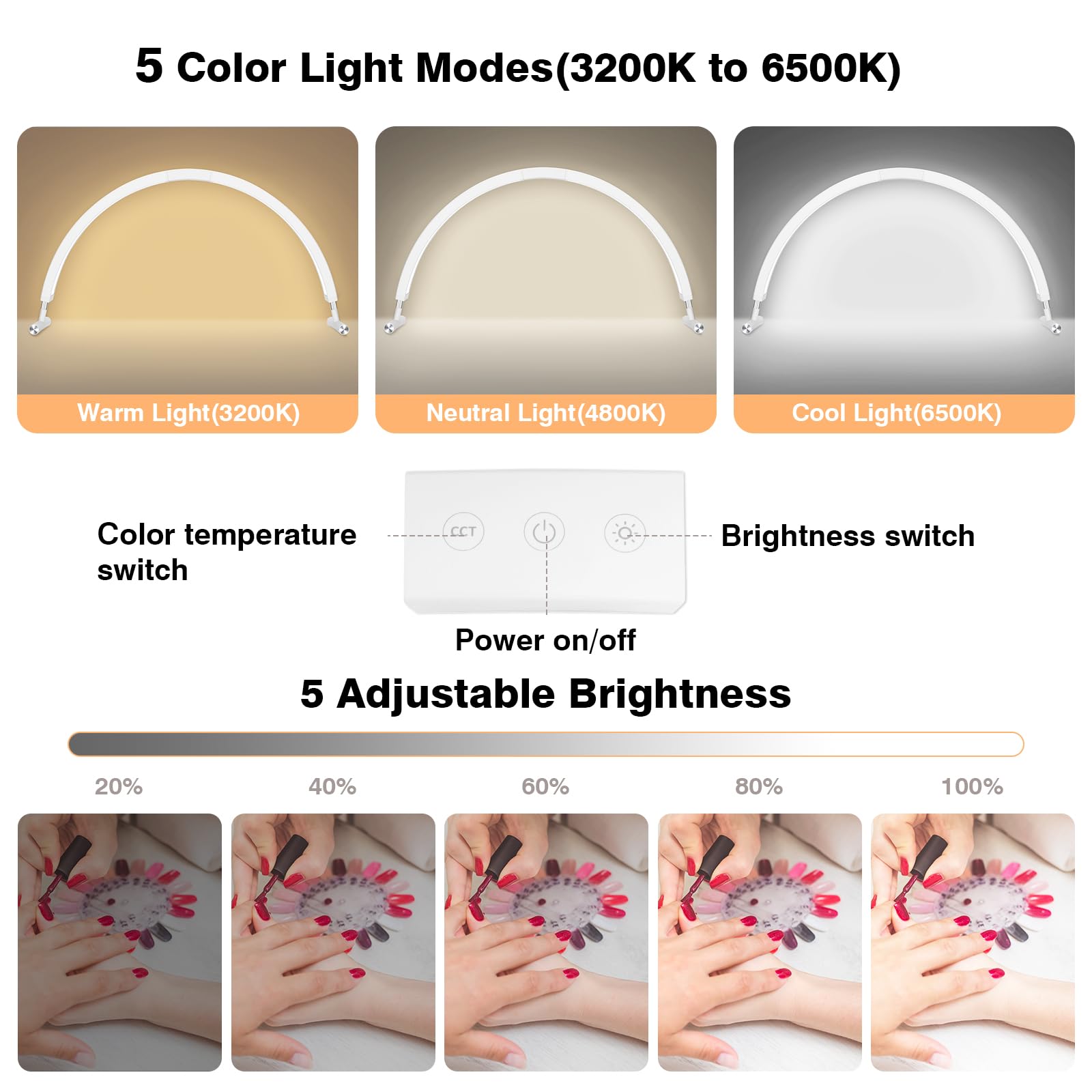 Mznoo Half Moon Light For Nail Desk Wtih Phone Holder, 30In 45W Nail Tech Light, Desk Light For Nails, Lashes, Manicure, 3200K T