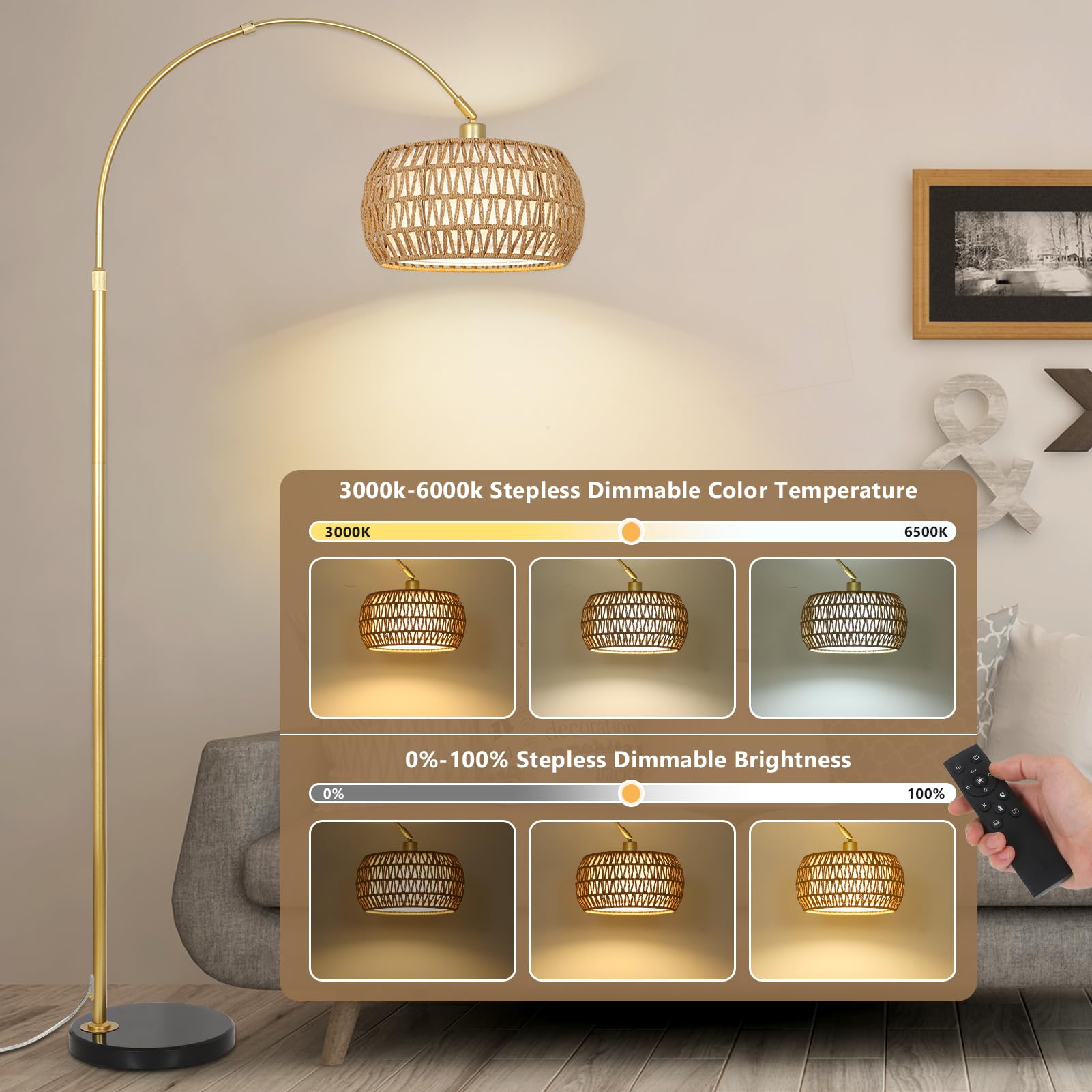 Gold Floor Lamps For Living Room, Arc Floor Lamp With Remote & Dimmable Bulb, Boho Rattan Standing Lamp With 3 Color Temperature