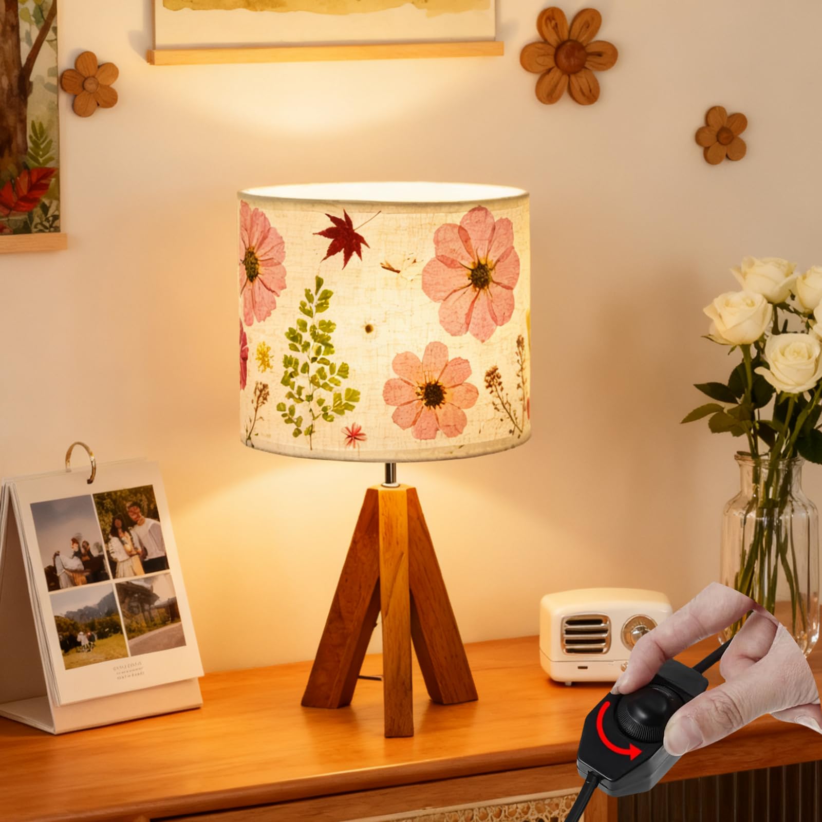 Floresita Dried Flowers Tripod Table Lamp 14.56in, 9W LED Dimmable Cute Bedside Lamp with Flowers Linen Lampshade for Nursery, B