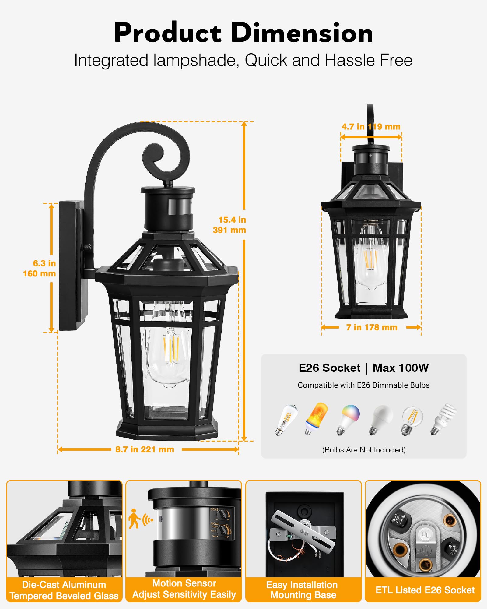 OPAXIS Motion Sensor Outdoor Wall Light, Black Aluminum, 1-Pack, Model P8106, Adjustable Sensor Range, Dusk to Dawn Sconce for Porch/Garage