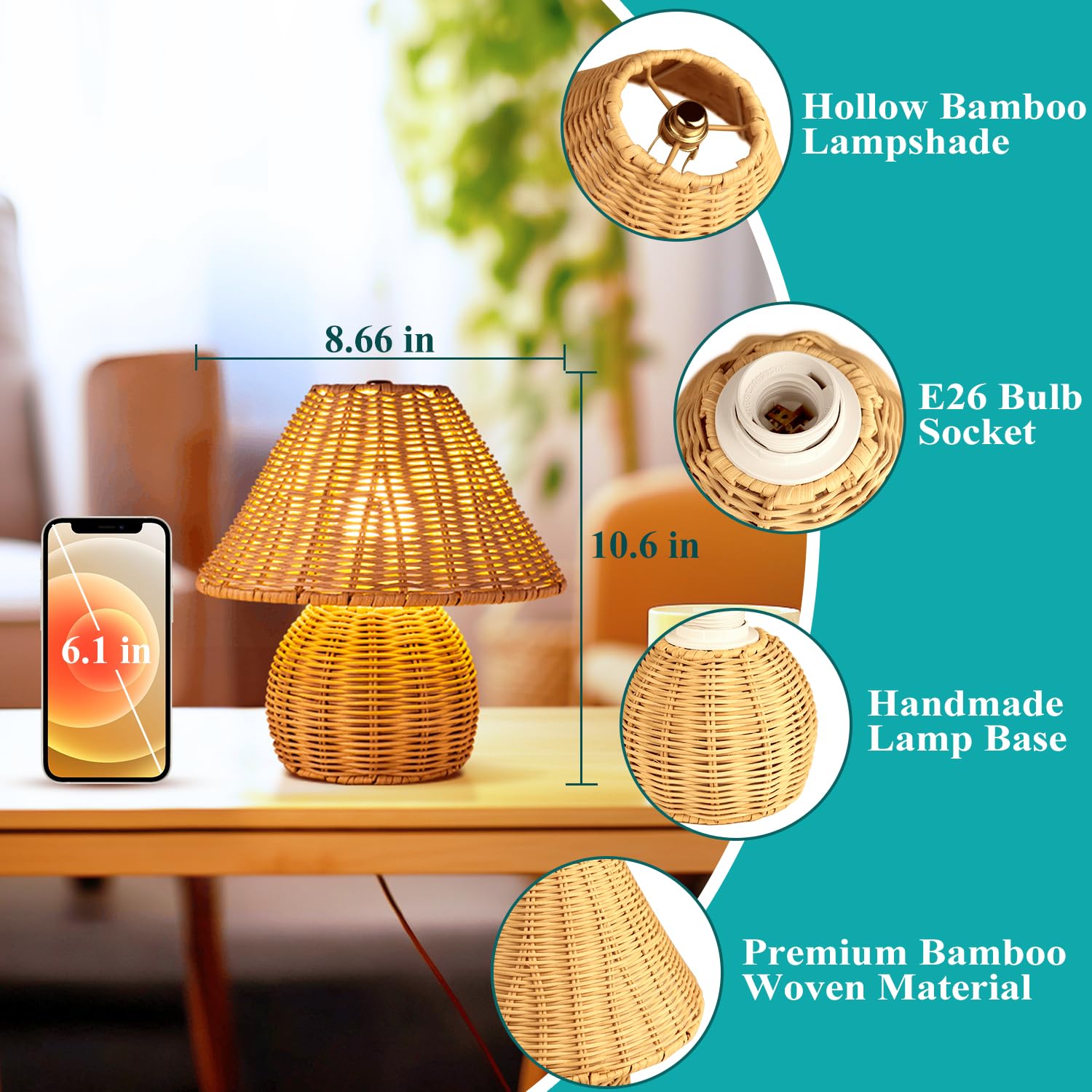 WERFOP Bamboo Table Lamp, Handmade Rattan Nightstand Lamp, Small, Brown, Model Bamboo Shadow S1, Adjustable Color Options