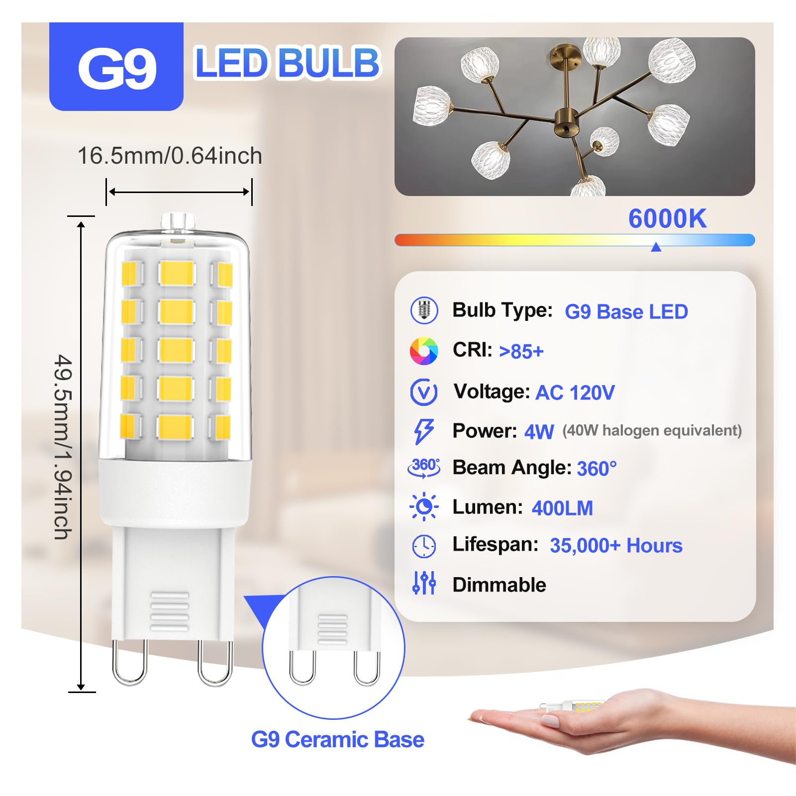 G9 Led Bulbs, 40 Watt Equivalent T4 Chandelier Light Bulb, 6000K Daylight White 450 Lumens, Bi-Pin G9 Base, G9 Light Bulbs Dimma