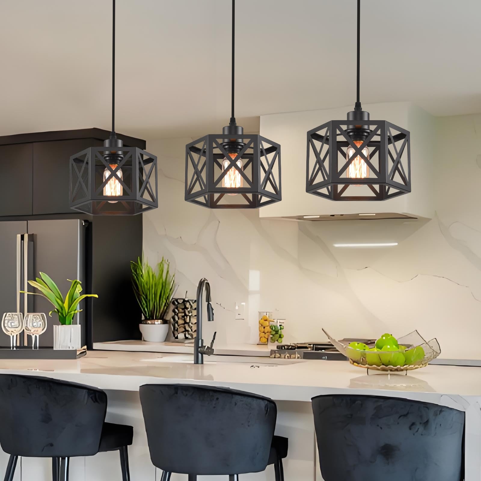 CAFULAM Farmhouse Pendant Light Fixture - 2 Light, Metal, Adjustable Height, Black Hexagon Lantern for Kitchen Island