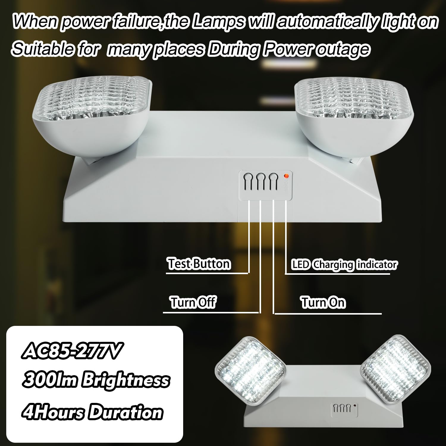 Apmeetlux Plug In Emergency Lights For Business Home Power Failure 4Hours 300Lm Led Commercial Emergency Light Fixtures With Battery Backup Rechargeable Adjustable Two Heads Ac85-277V