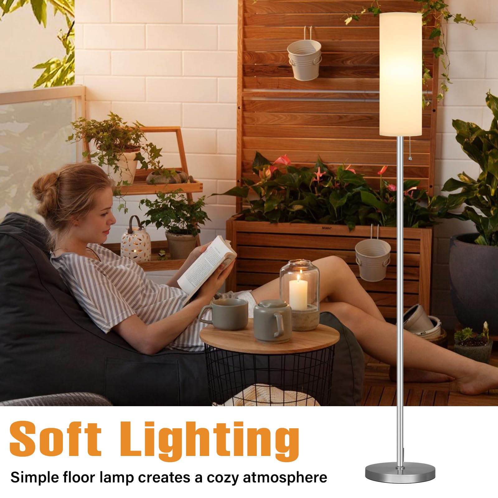 Ambimall Floor Lamp For Living Room With 3 Color Temperatures Bulb, 64'' Standing Lamp With Linen Lampshade For Bedroom, Minimal