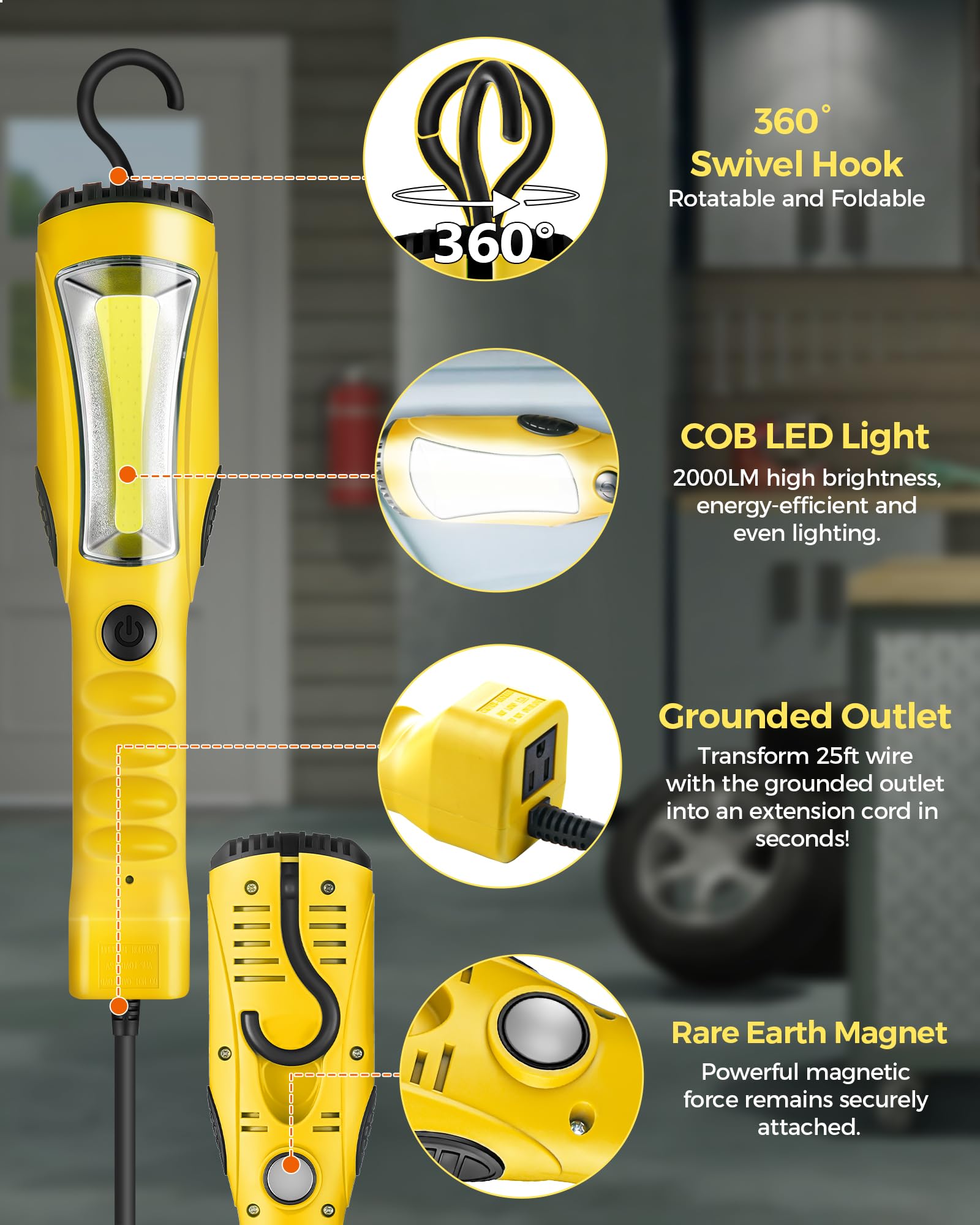Wilawels 18W Led Work Light, 25Ft 2000Lm Cob Led Light, Handheld Underhood Trouble Light With Cord 16 Gauge Sjtw, Swivel Hook, For Garage, Workshop, Car Repair Scene, Etl Listed, Yellow Y04Wl06